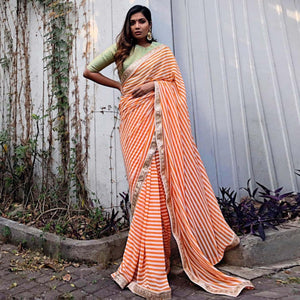 Orange & White Casual Wear Printed Georgette Saree - Peachmode