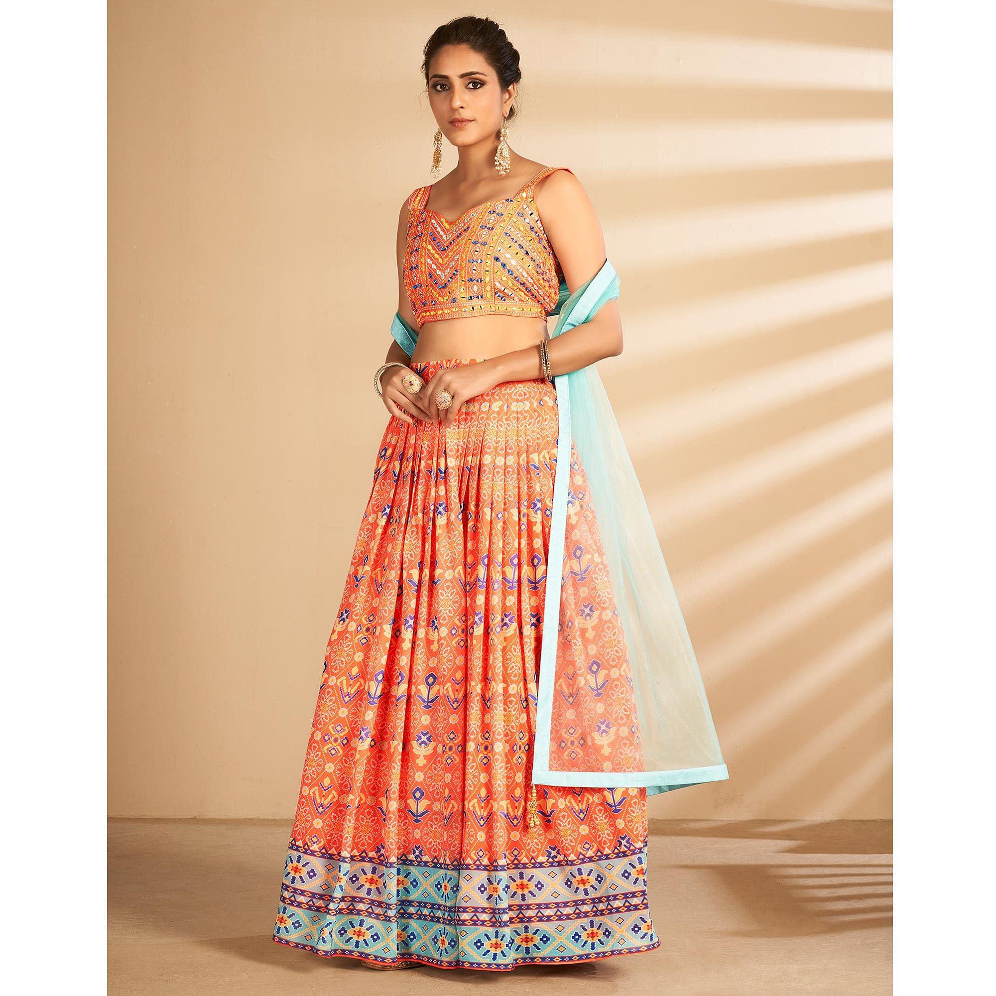 Orange Bandhani Printed Art Silk Lehenga Choli - Peachmode