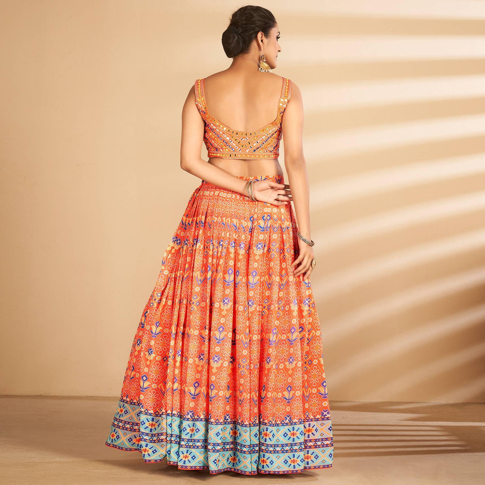 Orange Bandhani Printed Art Silk Lehenga Choli - Peachmode
