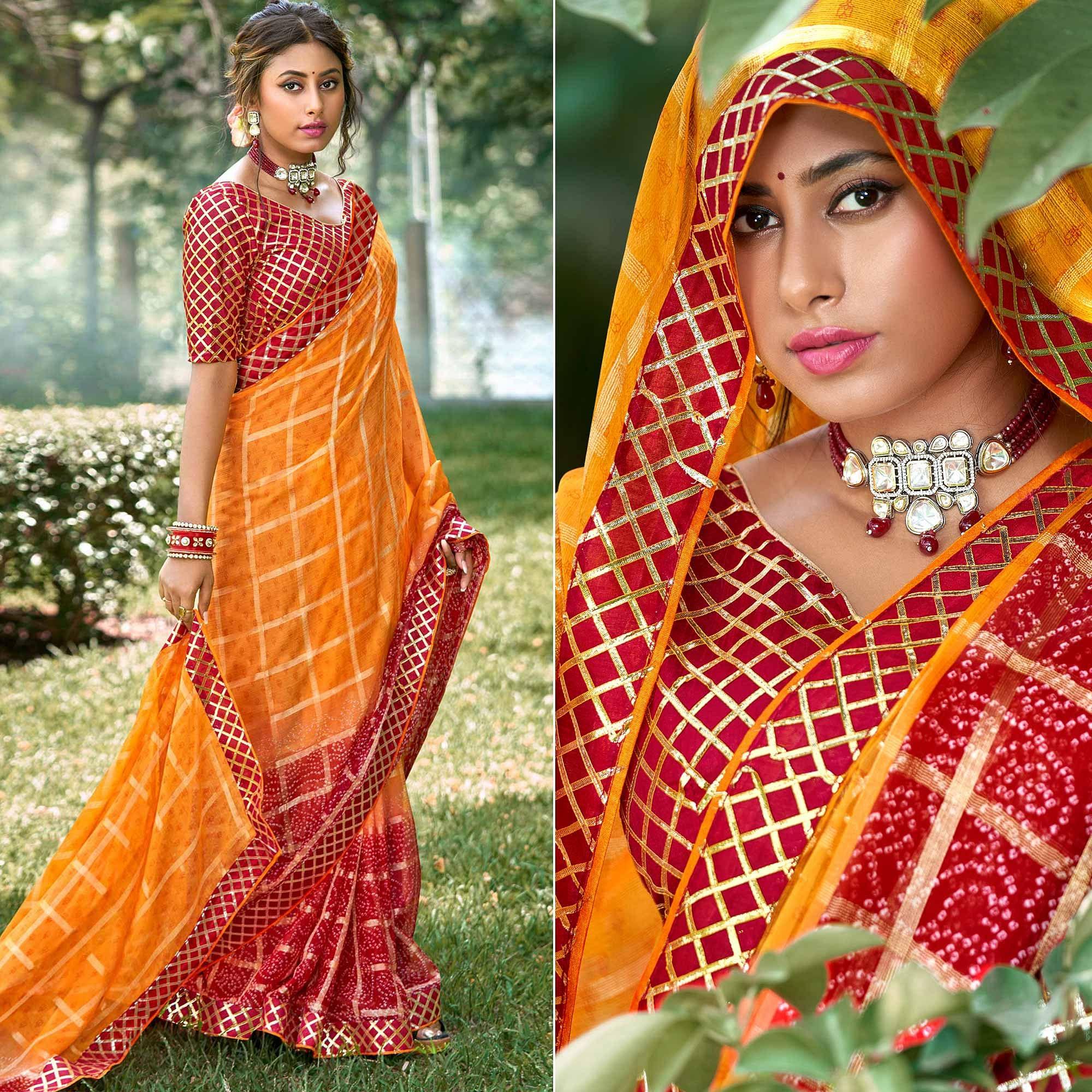 Orange Bandhani Printed-Checks Weaving Chiffon Saree - Peachmode