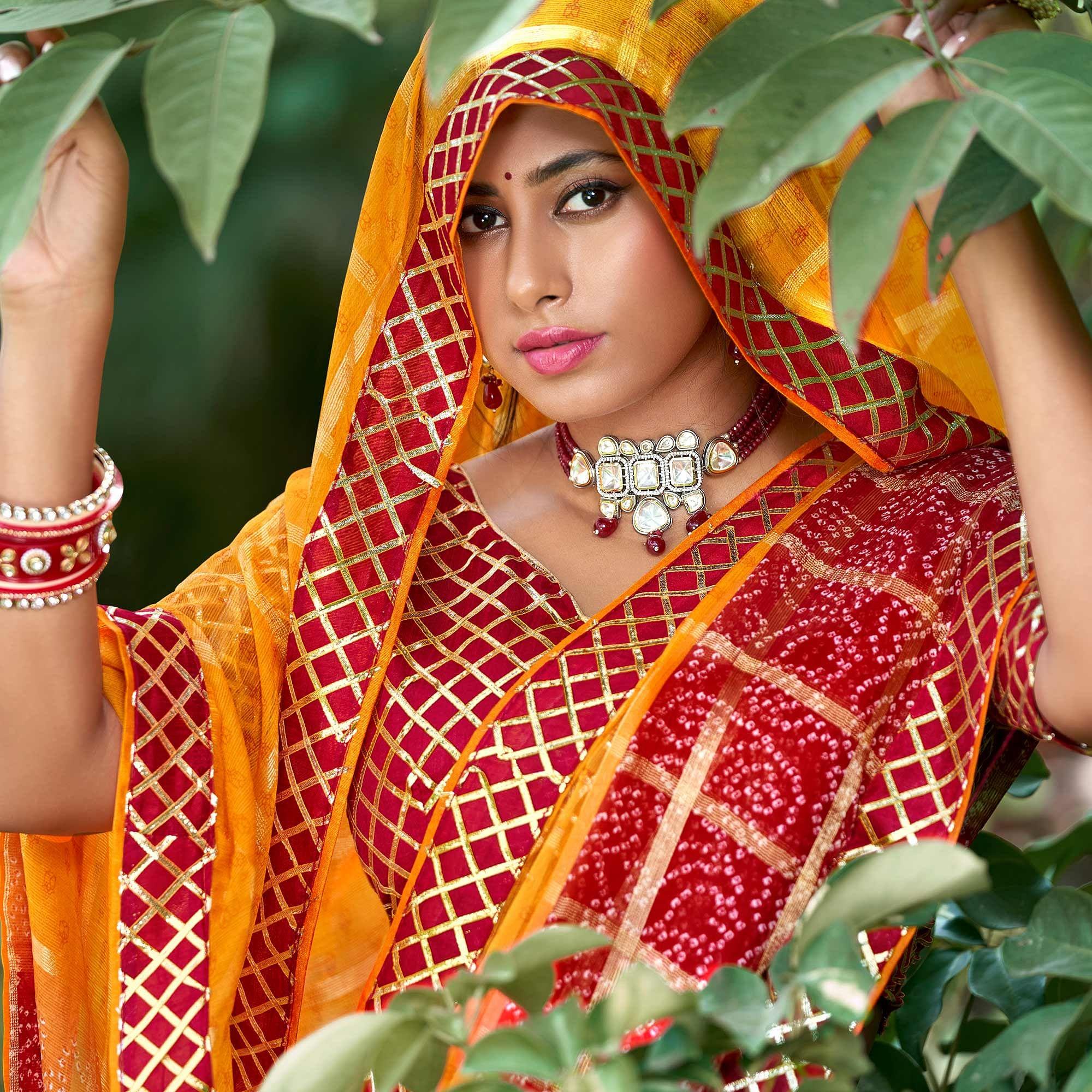 Orange Bandhani Printed-Checks Weaving Chiffon Saree - Peachmode
