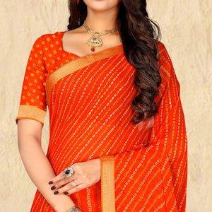 Orange Bandhani Printed Chiffon Saree - Peachmode