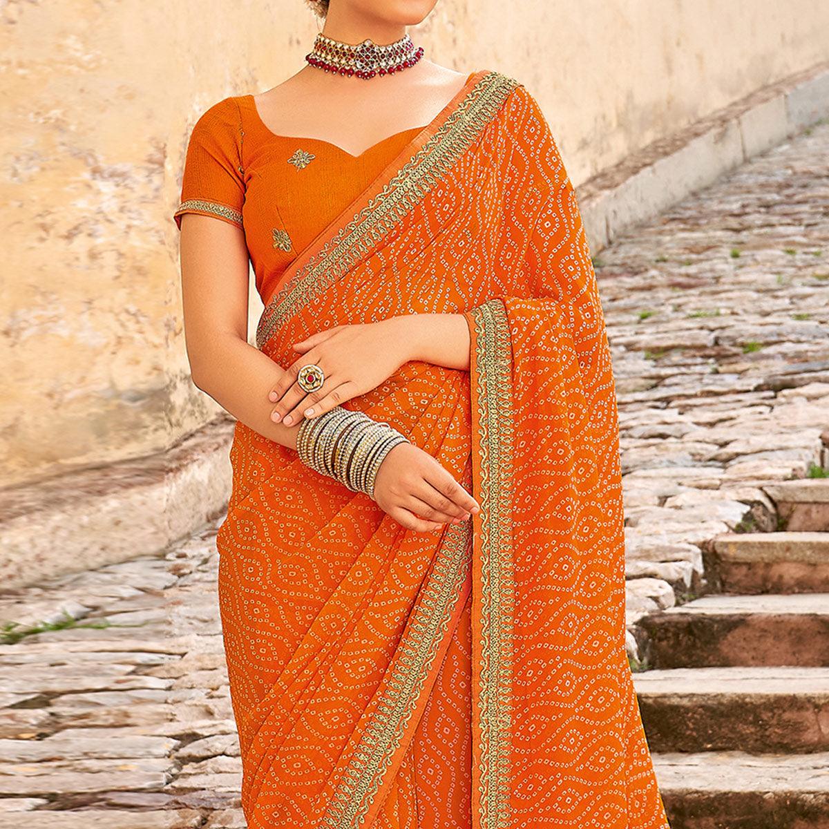 Orange Bandhani Printed Georgette Saree - Peachmode