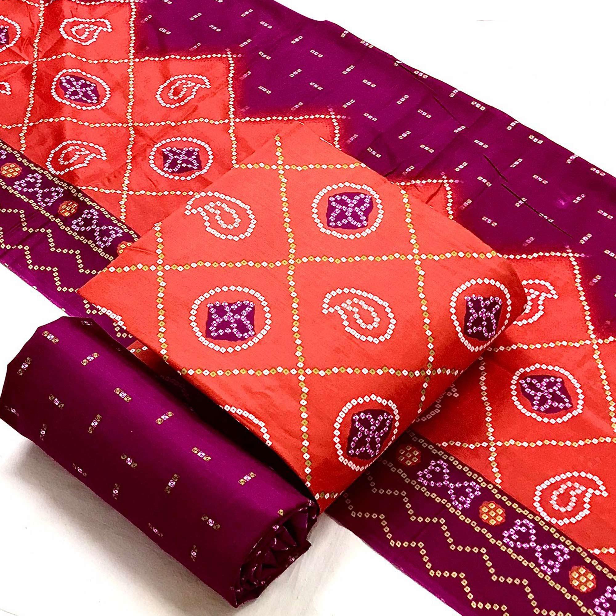 Orange Bandhani Printed Poly Cotton Patiala Dress Material - Peachmode