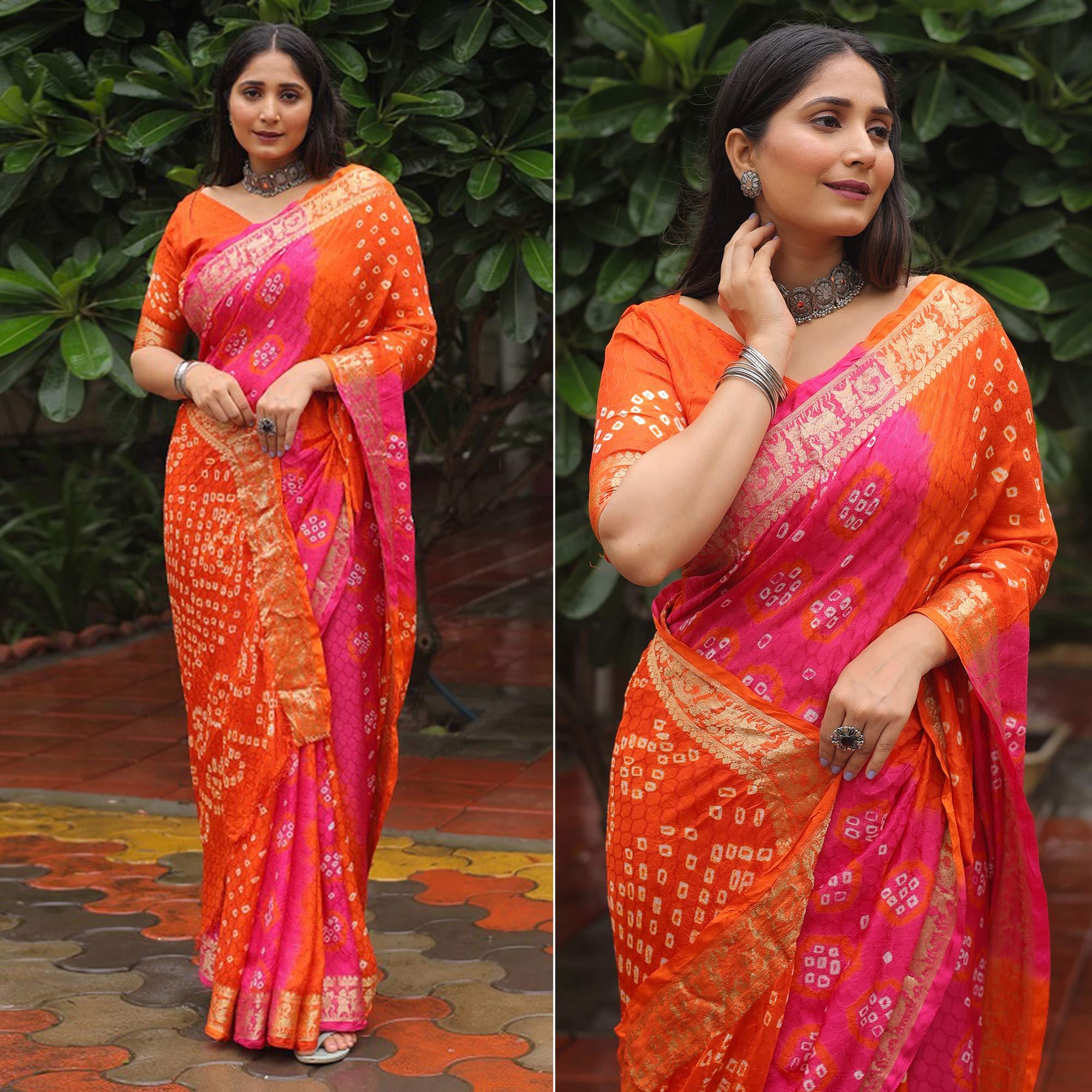 Orange Bandhani Printed With Woven Border Art Silk Saree - Peachmode