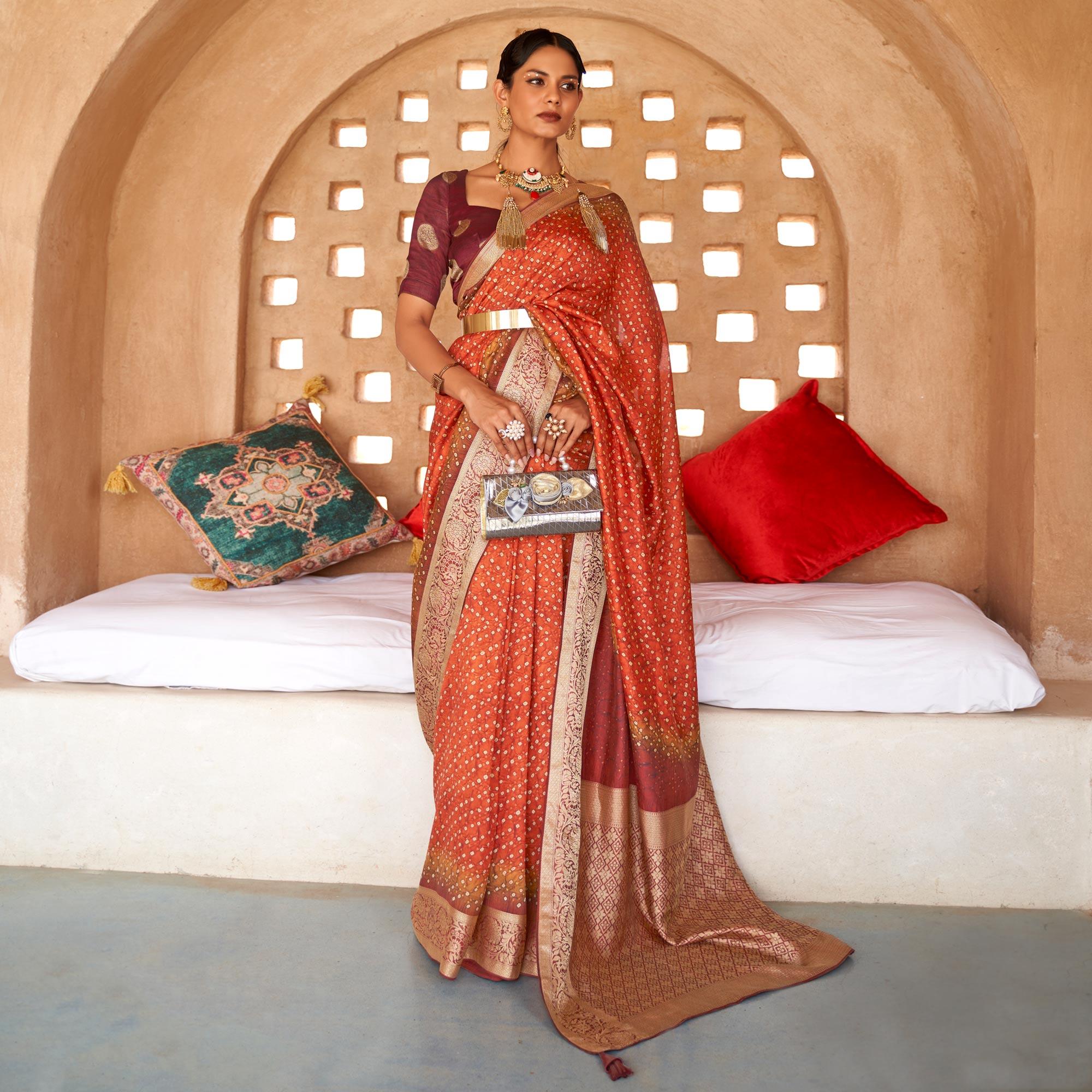 Orange Bandhani Printed With Woven Border Art Silk Saree - Peachmode