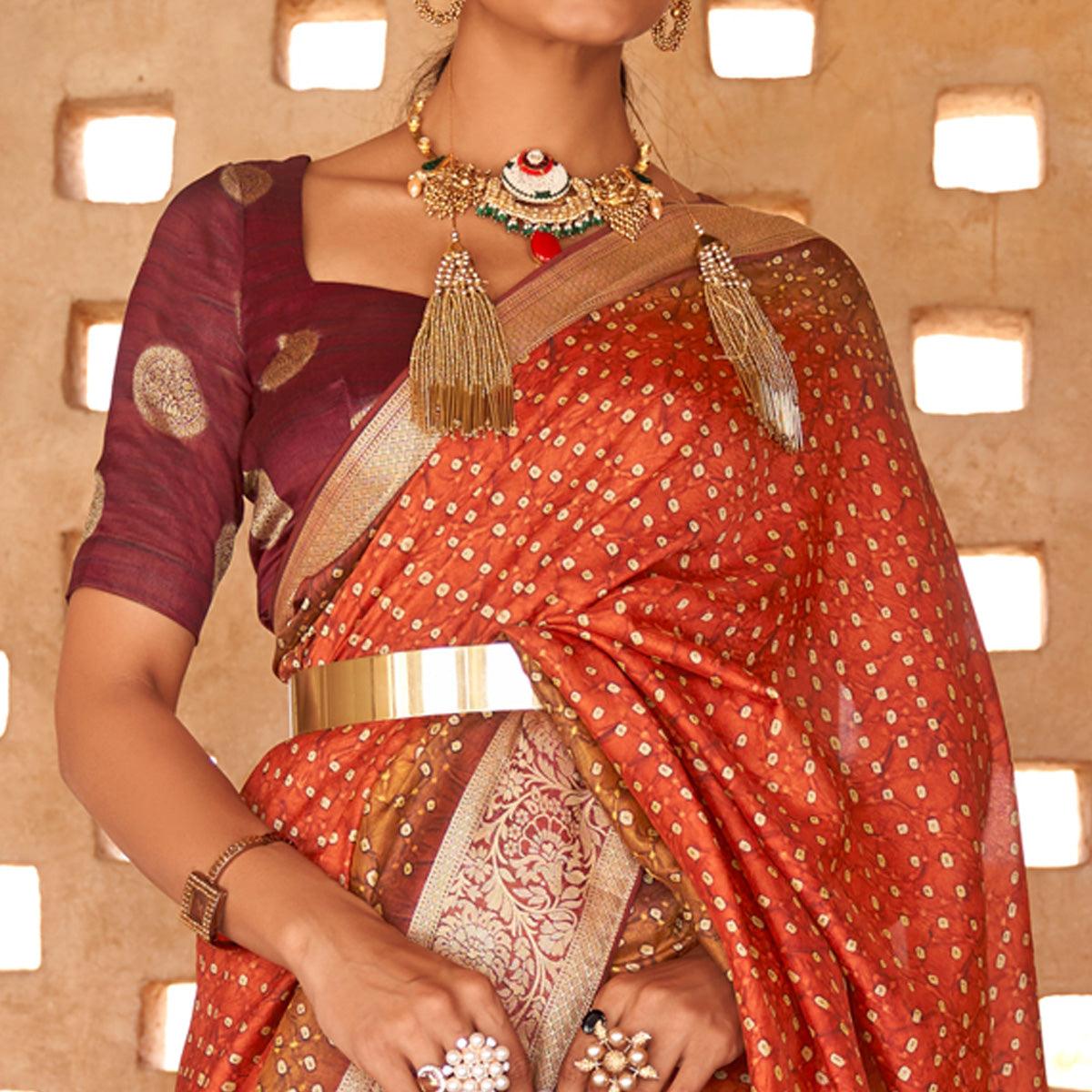 Orange Bandhani Printed With Woven Border Art Silk Saree - Peachmode