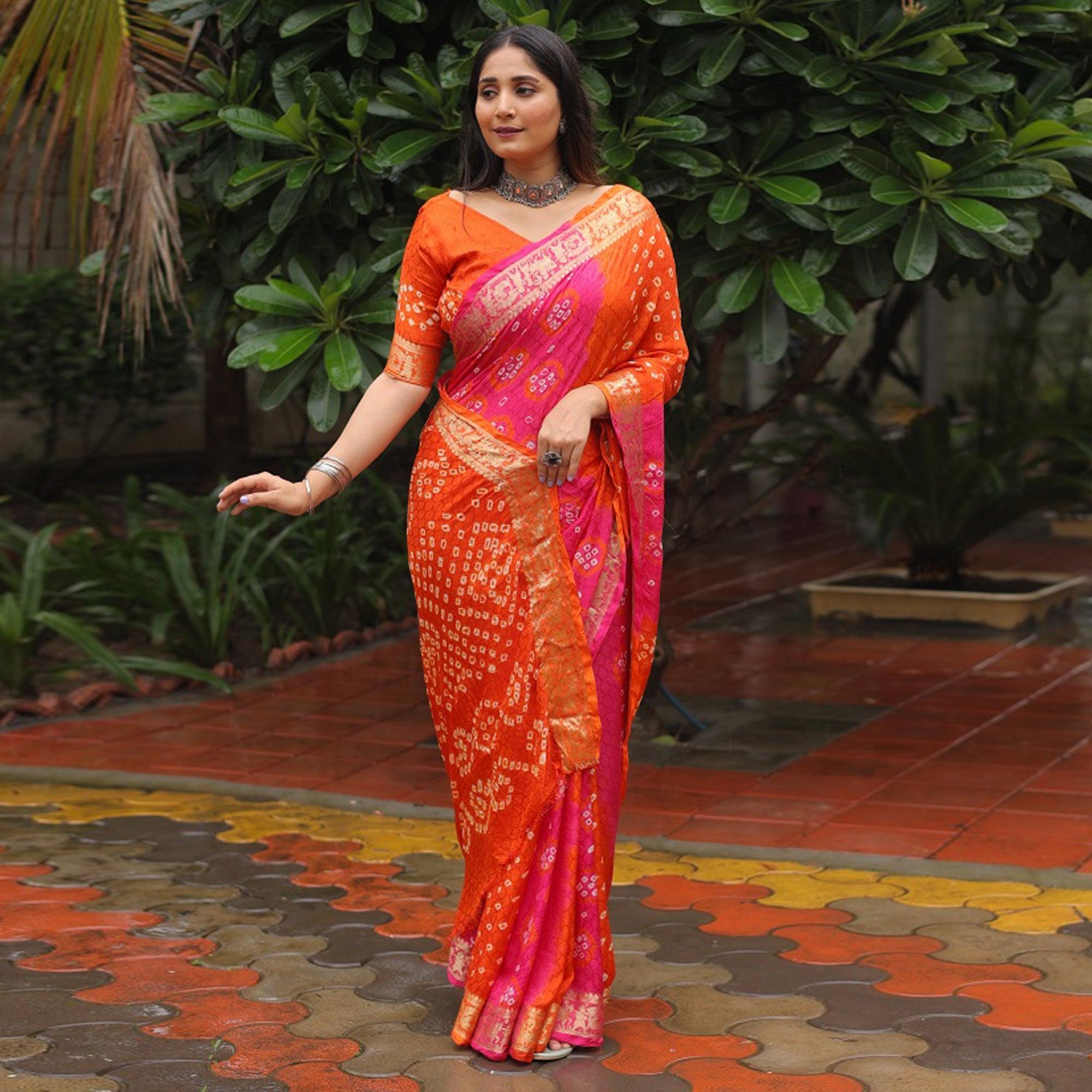 Orange Bandhani Printed With Woven Border Art Silk Saree - Peachmode
