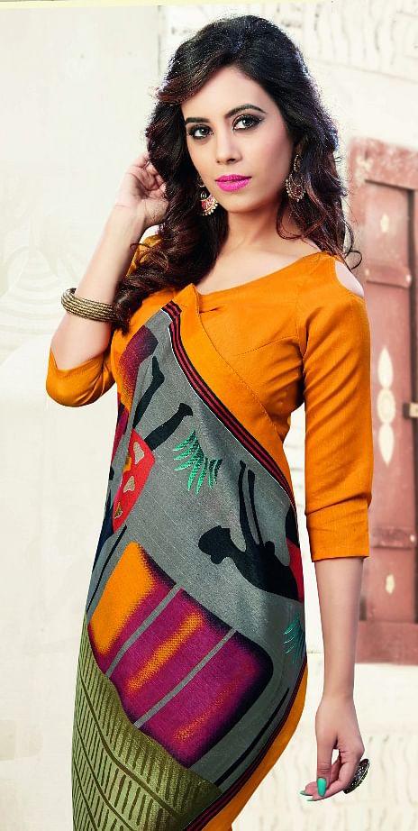 Orange Bhagalpuri Silk Printed Saree - Peachmode
