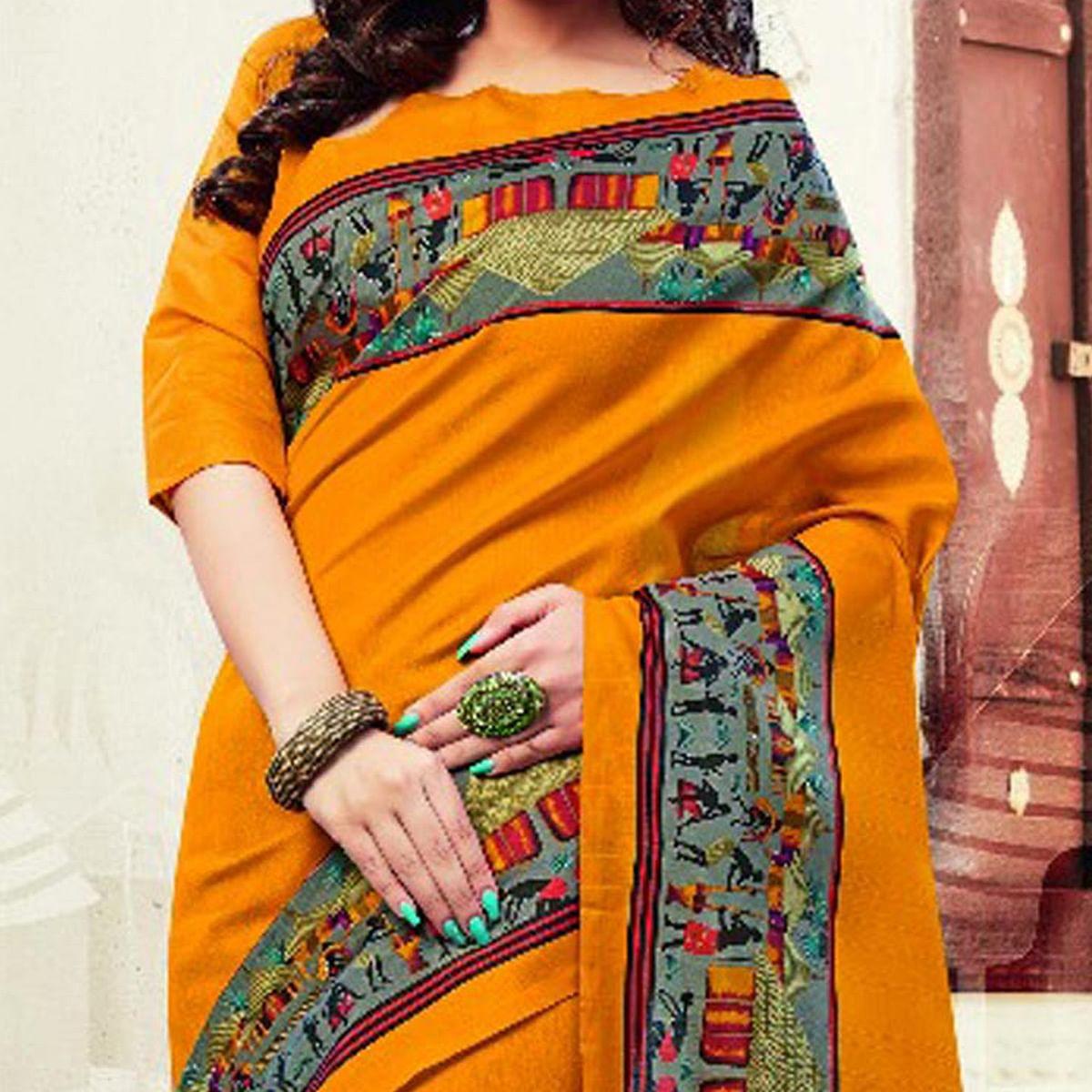 Orange Bhagalpuri Silk Printed Saree - Peachmode