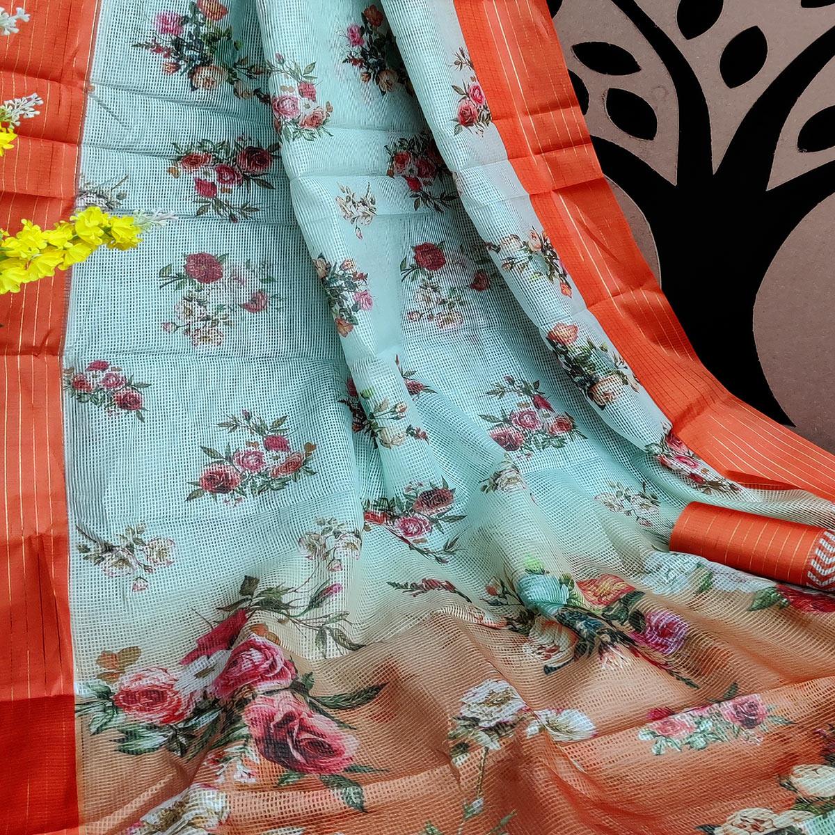 Orange-Blue Festive Wear Floral Digital Print With Woven Border Silk Saree - Peachmode