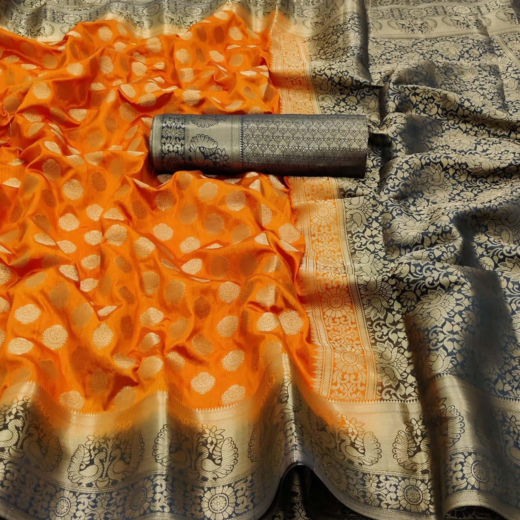 Orange-Blue Festive Wear Woven Zari Pallu Art Silk Saree - Peachmode