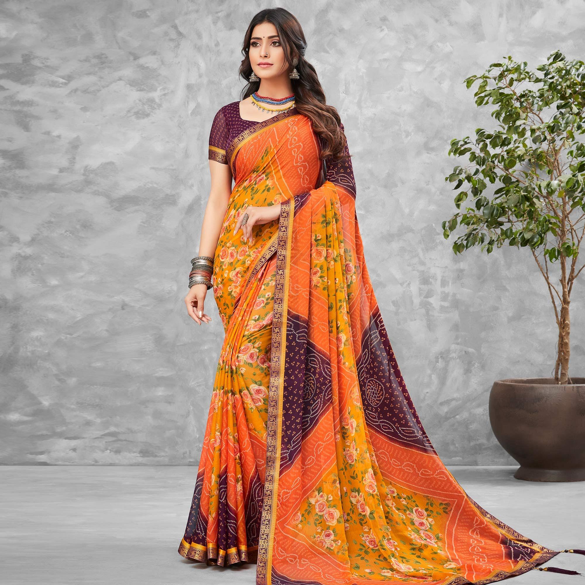 Orange-Brown Festive Wear Floral Bandhani Printed Chiffon Saree - Peachmode