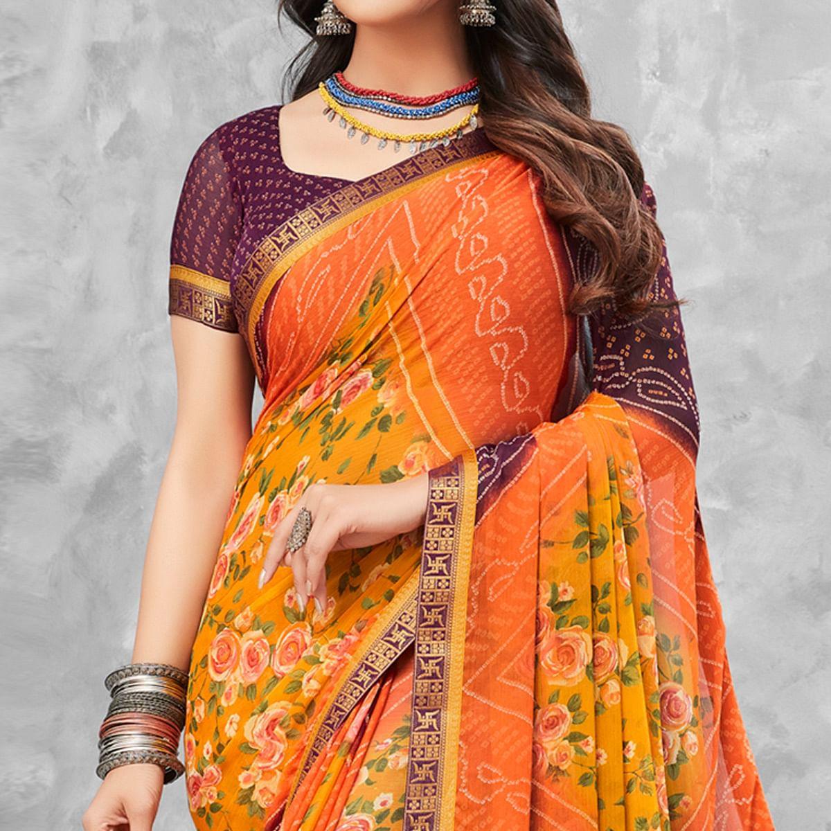 Orange-Brown Festive Wear Floral Bandhani Printed Chiffon Saree - Peachmode