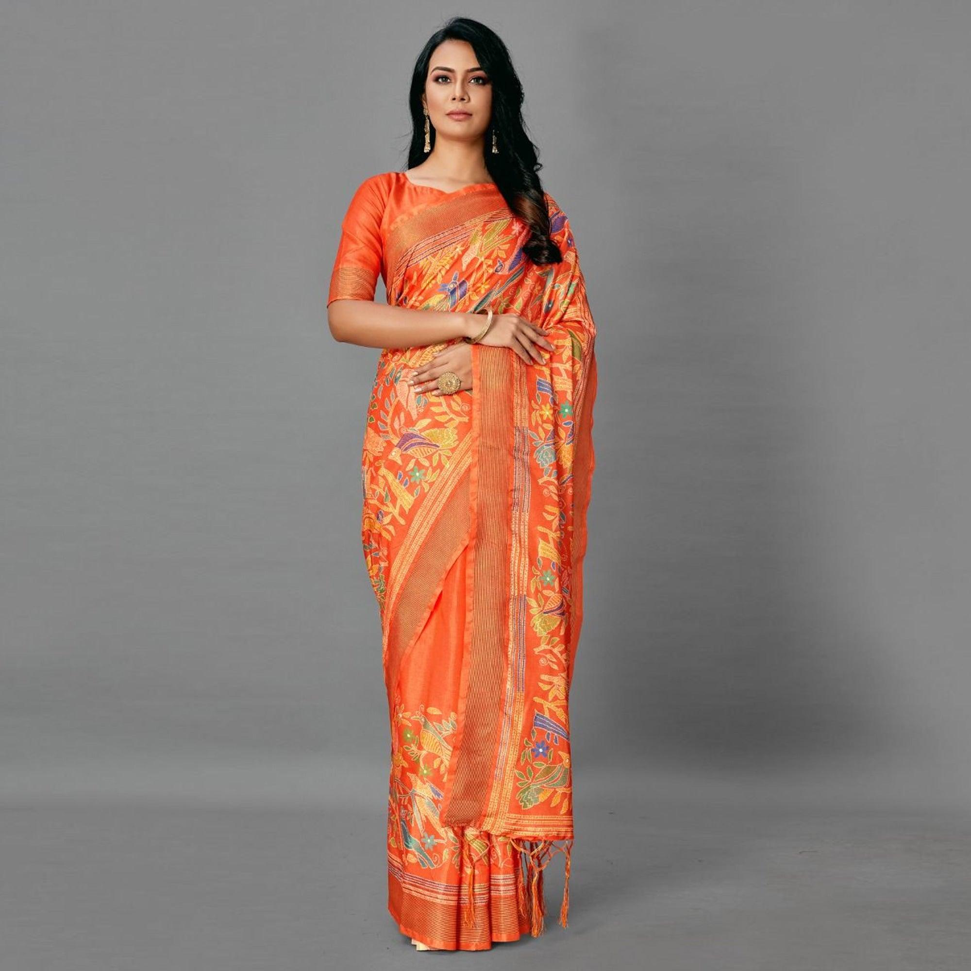 Orange Casual Art Silk Printed Saree With Unstitched Blouse - Peachmode
