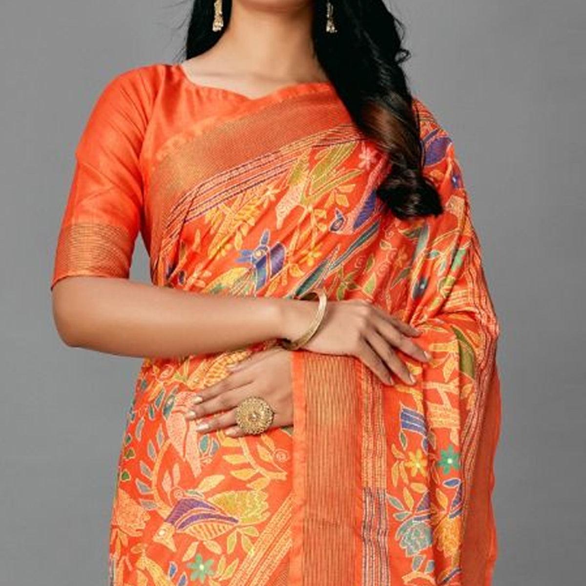 Orange Casual Art Silk Printed Saree With Unstitched Blouse - Peachmode