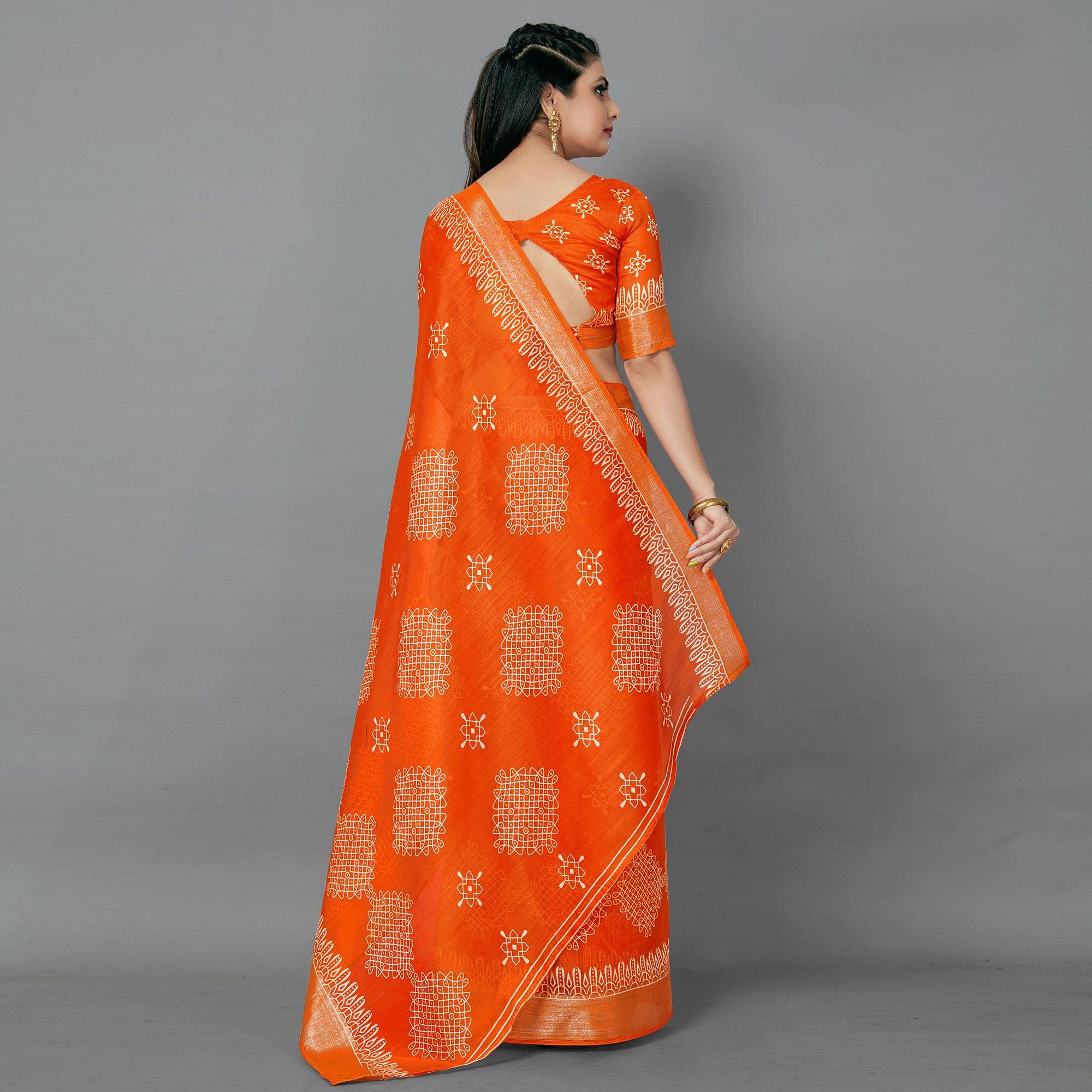 Orange Casual Cotton Printed Saree With Unstitched Blouse - Peachmode