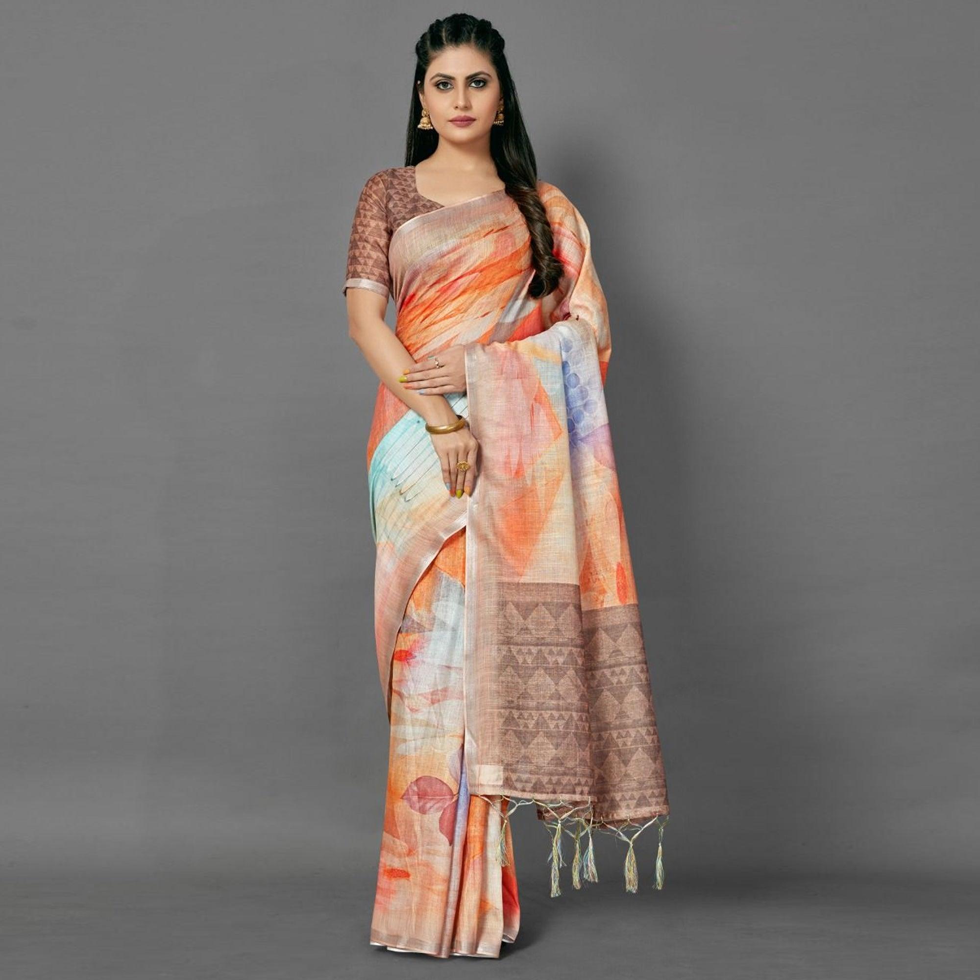 Orange Casual Pure Linen Digital Print Saree With Unstitched Blouse - Peachmode