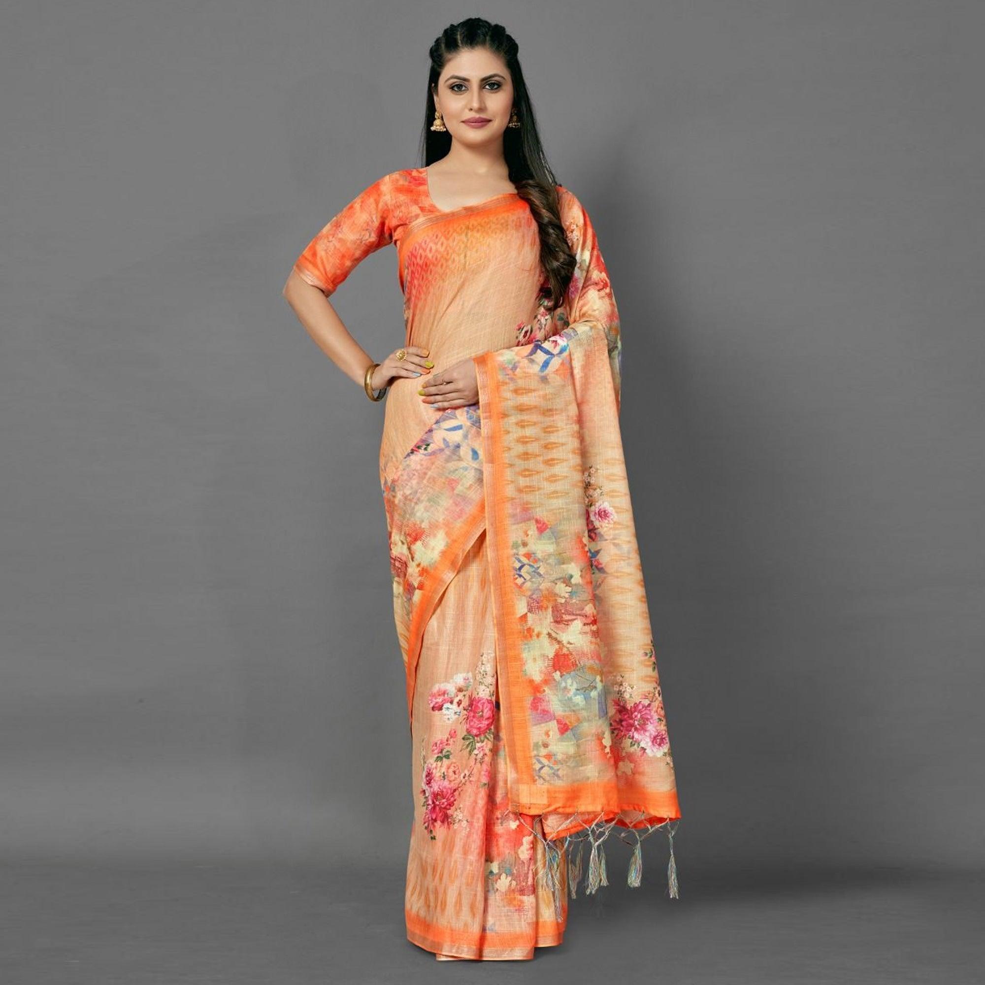 Orange Casual Pure Linen Digital Print Saree With Unstitched Blouse - Peachmode