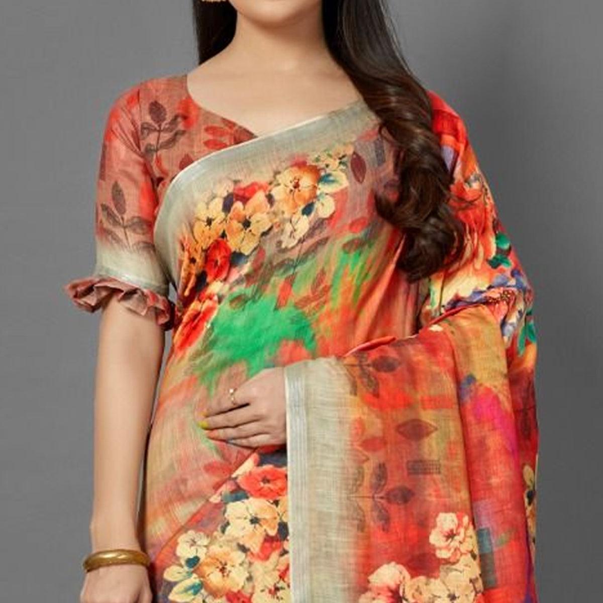 Orange Casual Pure Linen Digital Print Saree With Unstitched Blouse - Peachmode