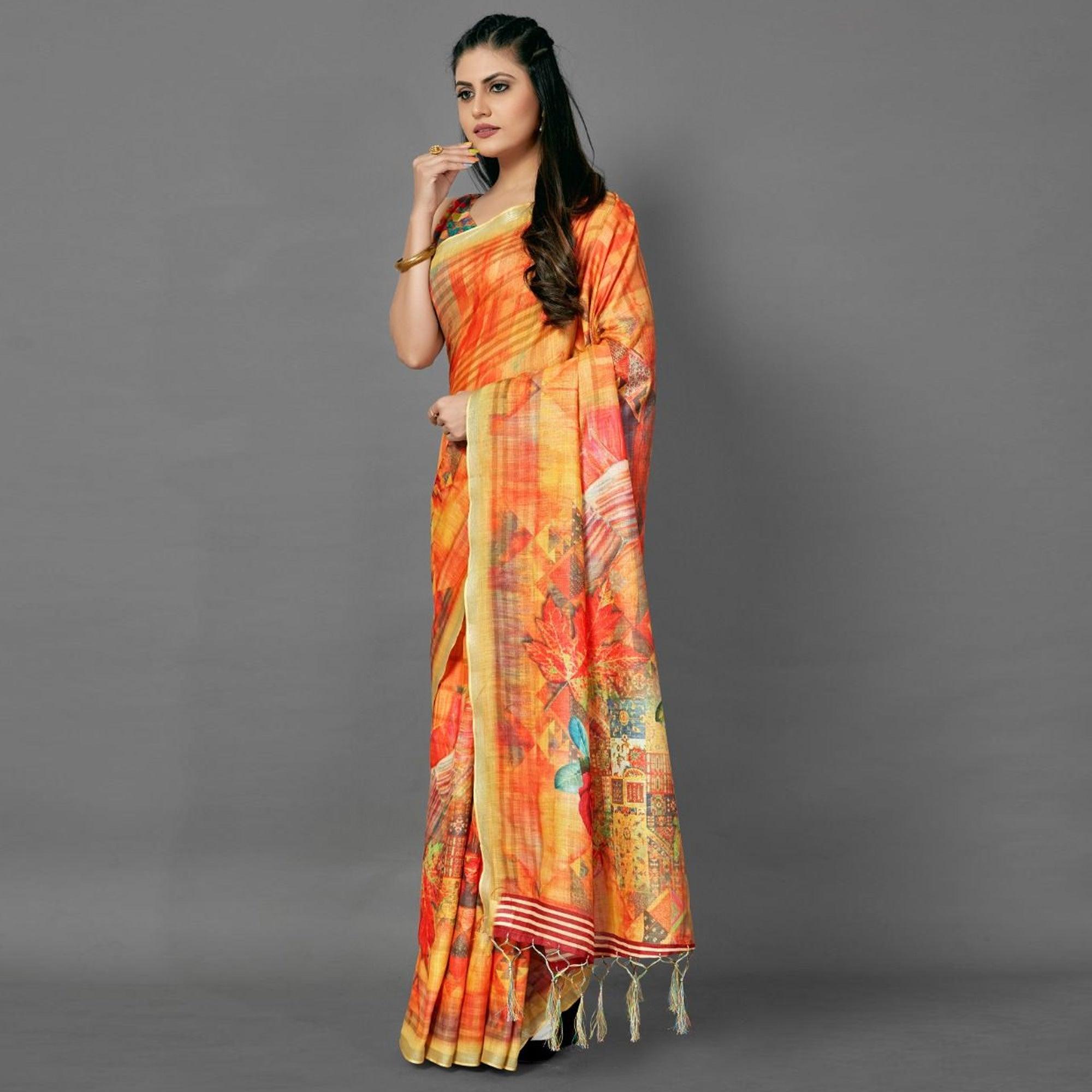 Orange Casual Pure Linen Digital Print Saree With Unstitched Blouse - Peachmode