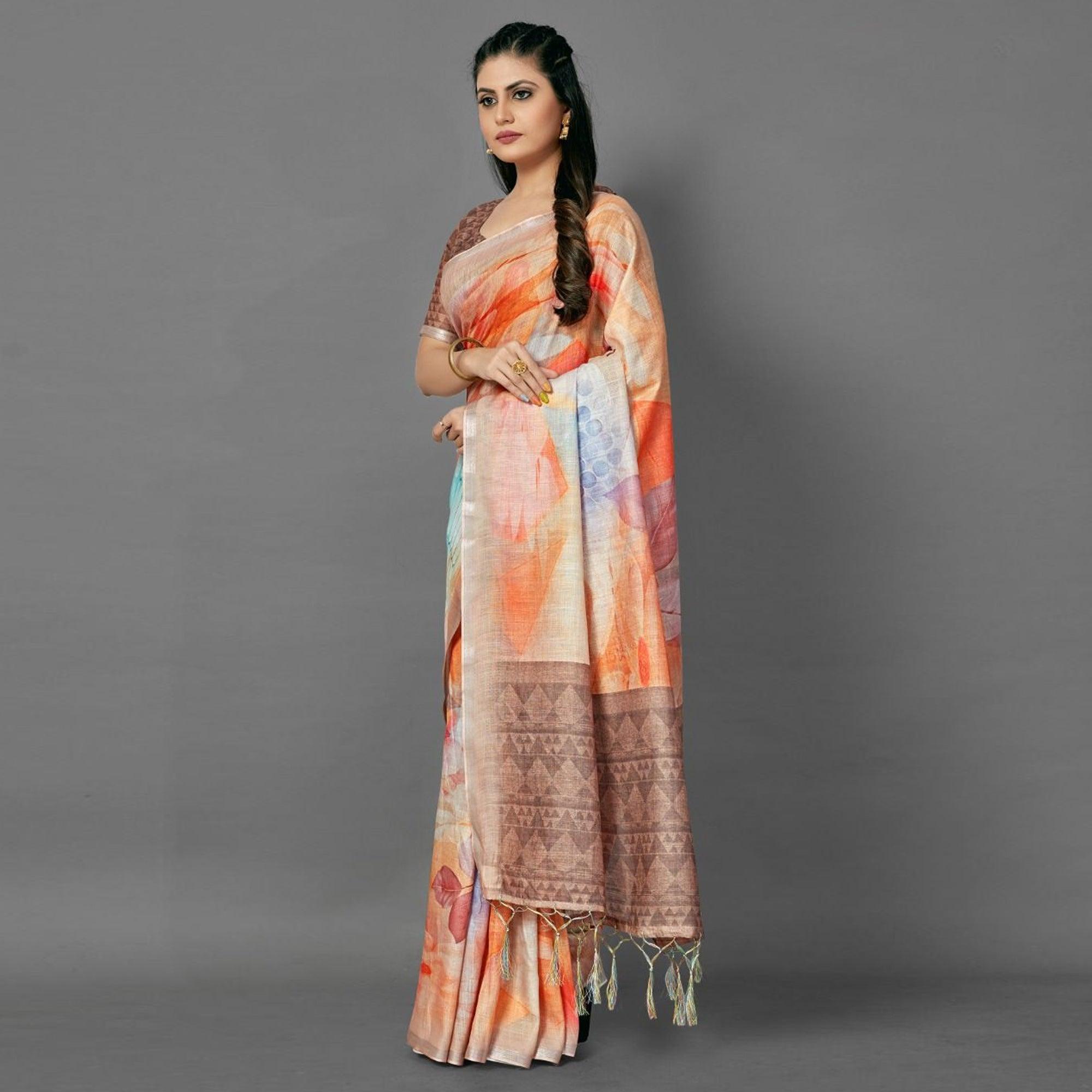 Orange Casual Pure Linen Digital Print Saree With Unstitched Blouse - Peachmode