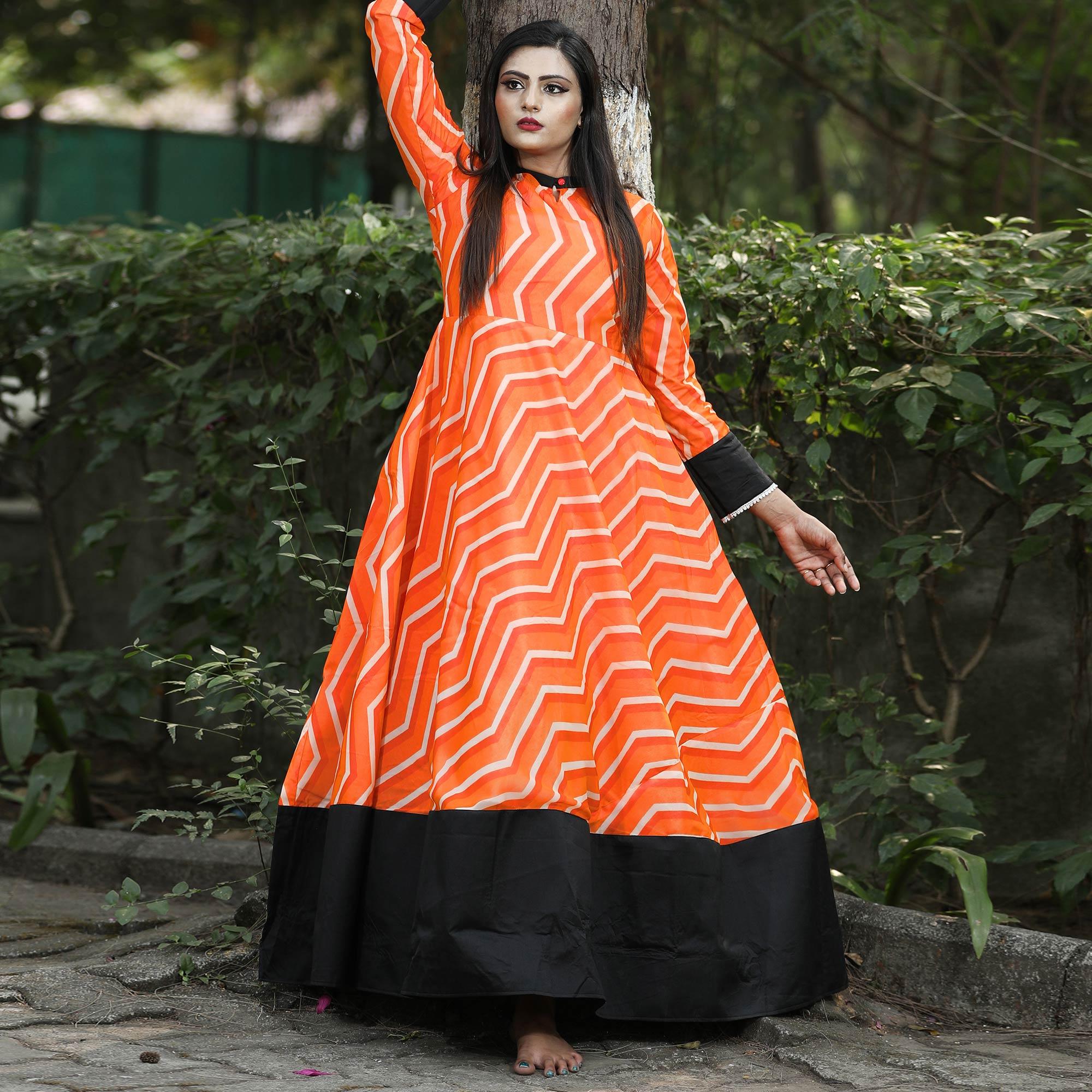 Orange Casual Stripes Digital Printed Georgette Gown - Peachmode