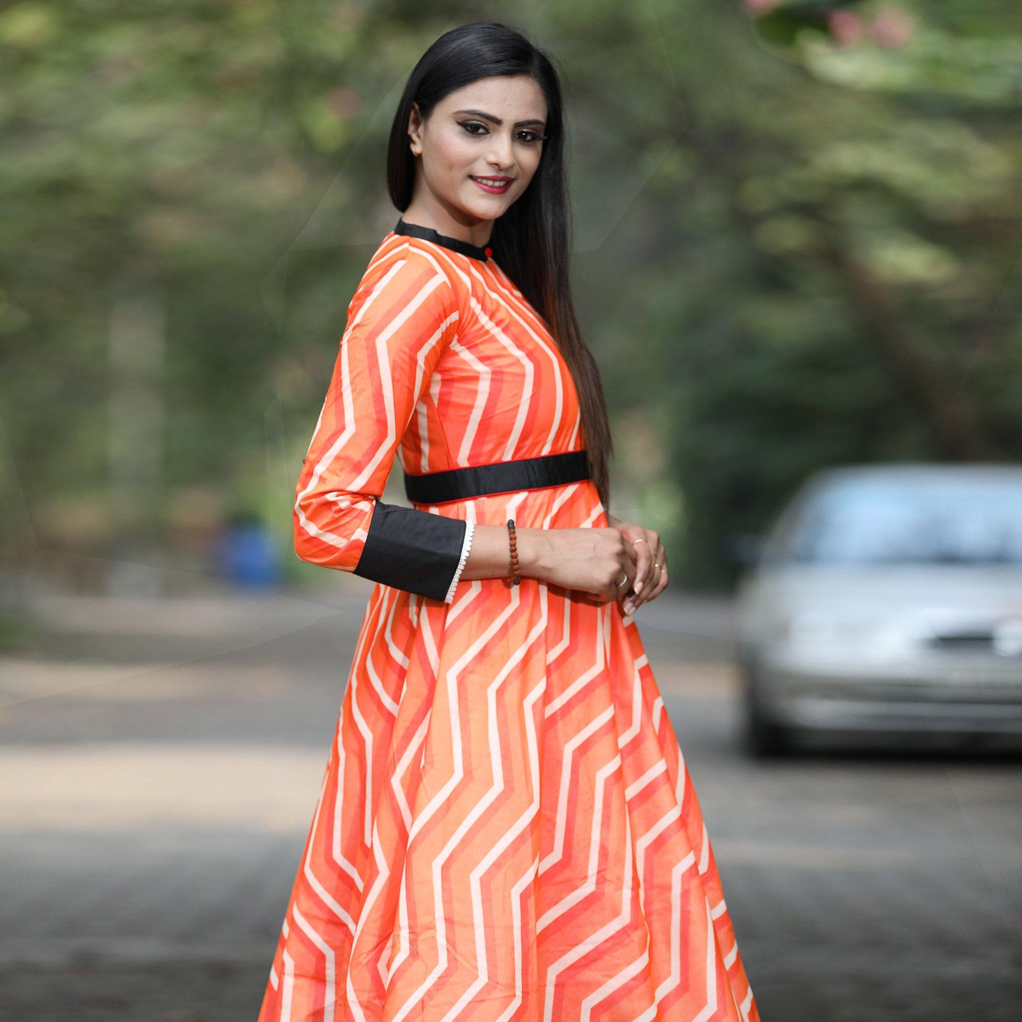 Orange Casual Stripes Digital Printed Georgette Gown - Peachmode