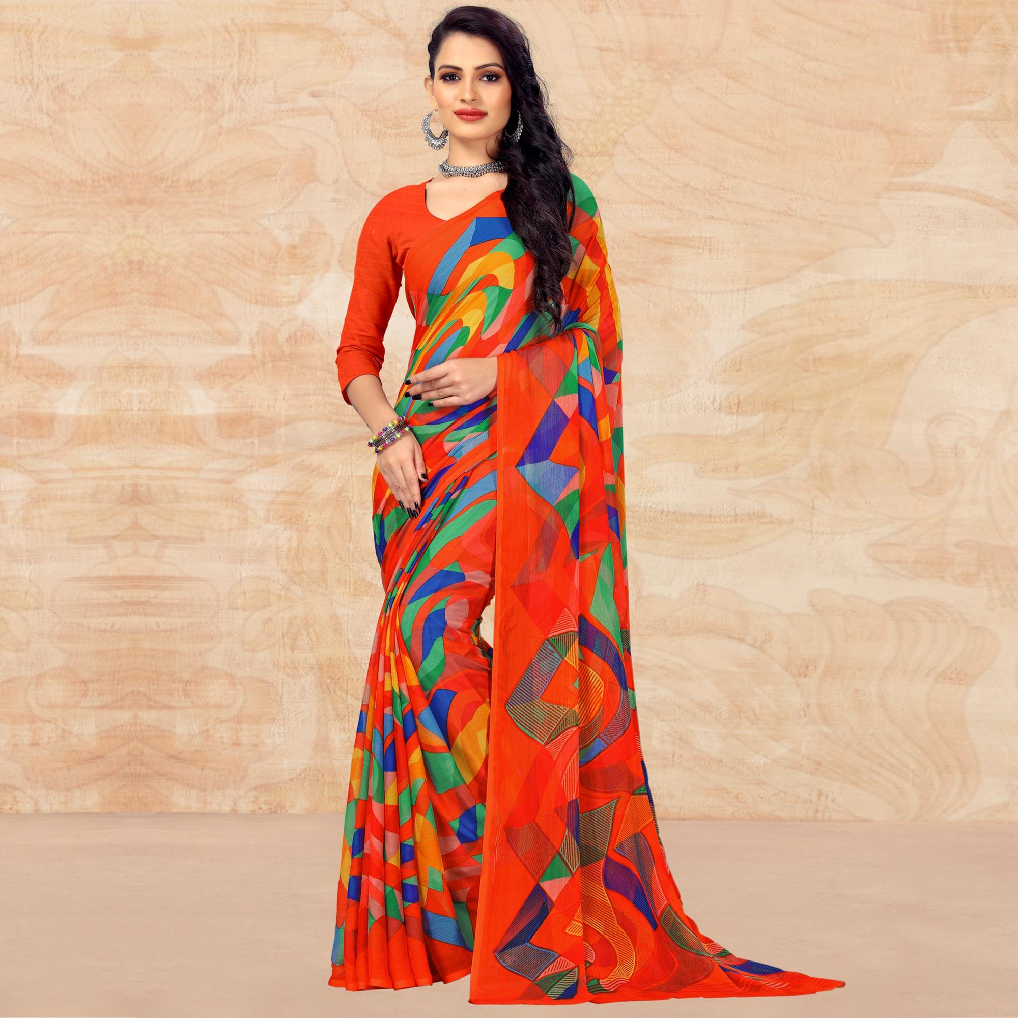 Orange Casual Wear Abstract Printed Chiffon Saree - Peachmode