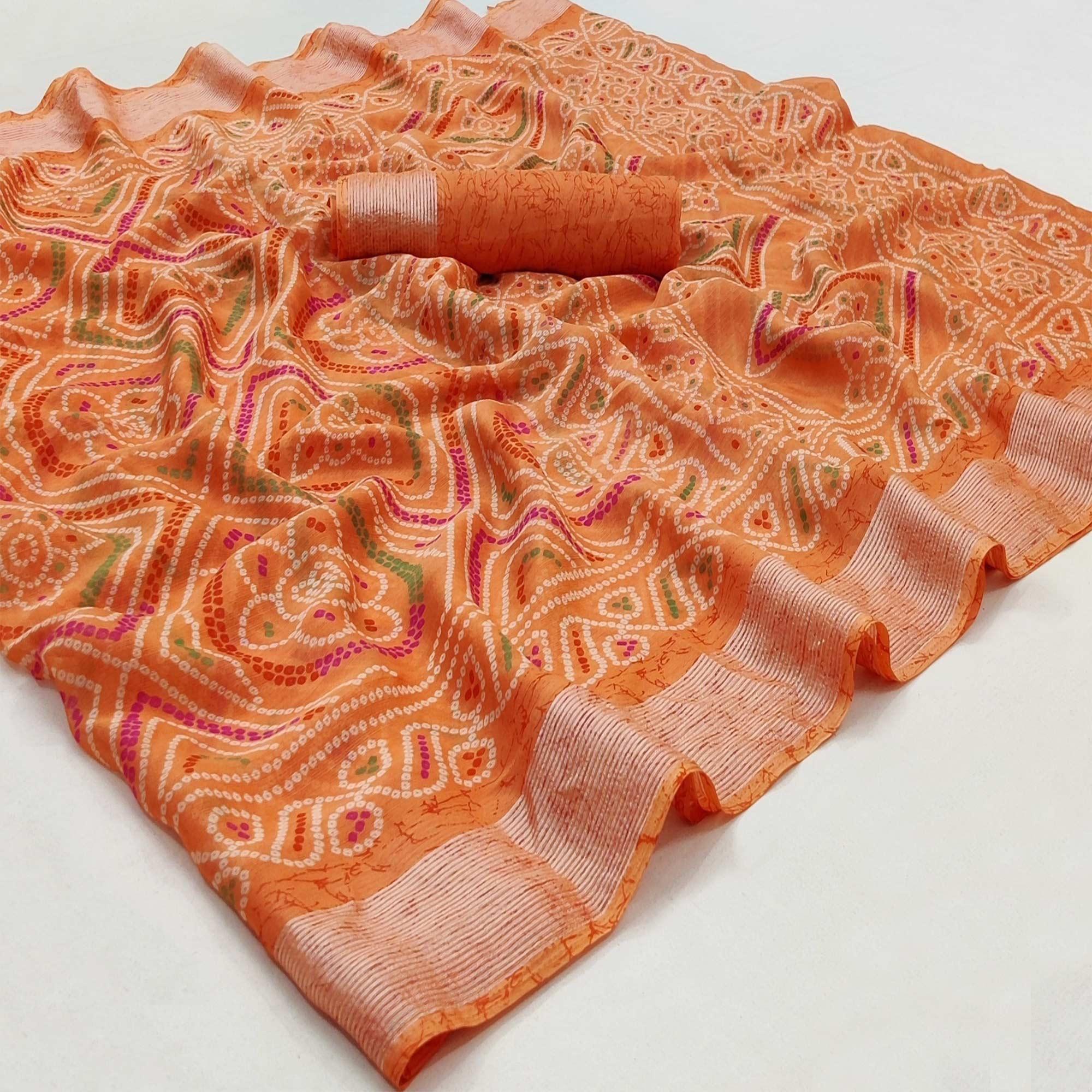 Orange Casual Wear Bandhani Printed Chiffon Saree - Peachmode