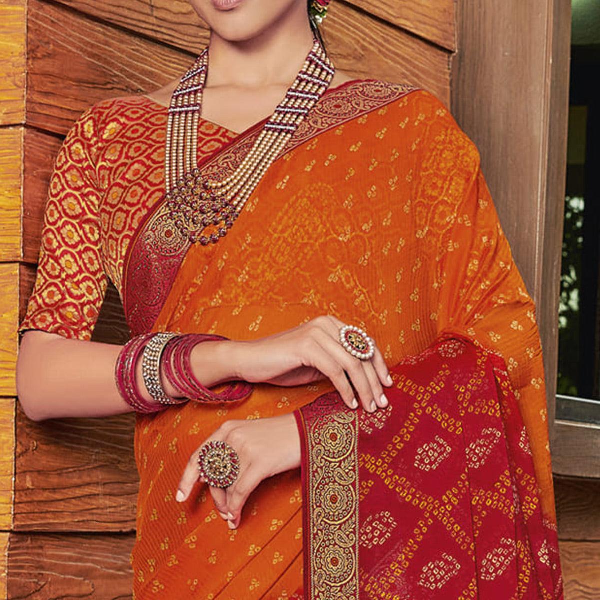 Orange Casual Wear Bandhani Printed Chiffon Saree - Peachmode