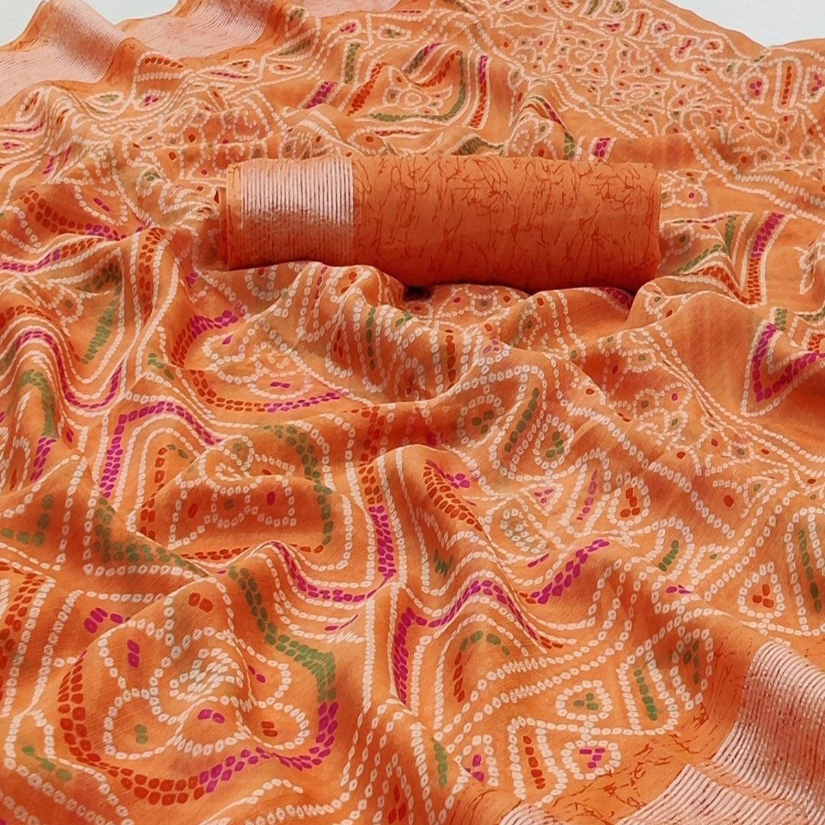 Orange Casual Wear Bandhani Printed Chiffon Saree - Peachmode
