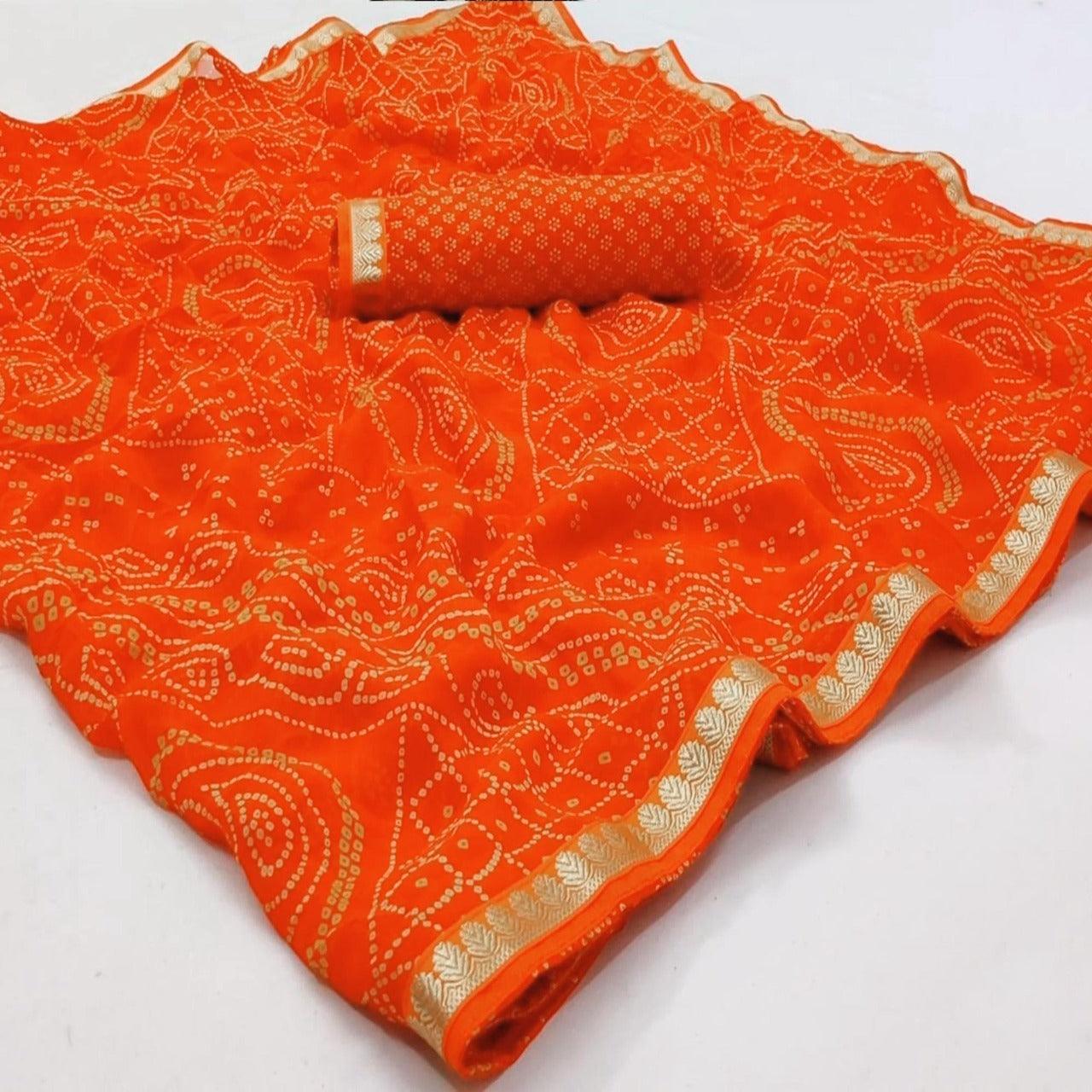Orange Casual Wear Bandhani Printed Georgette Saree With Fancy Lace - Peachmode