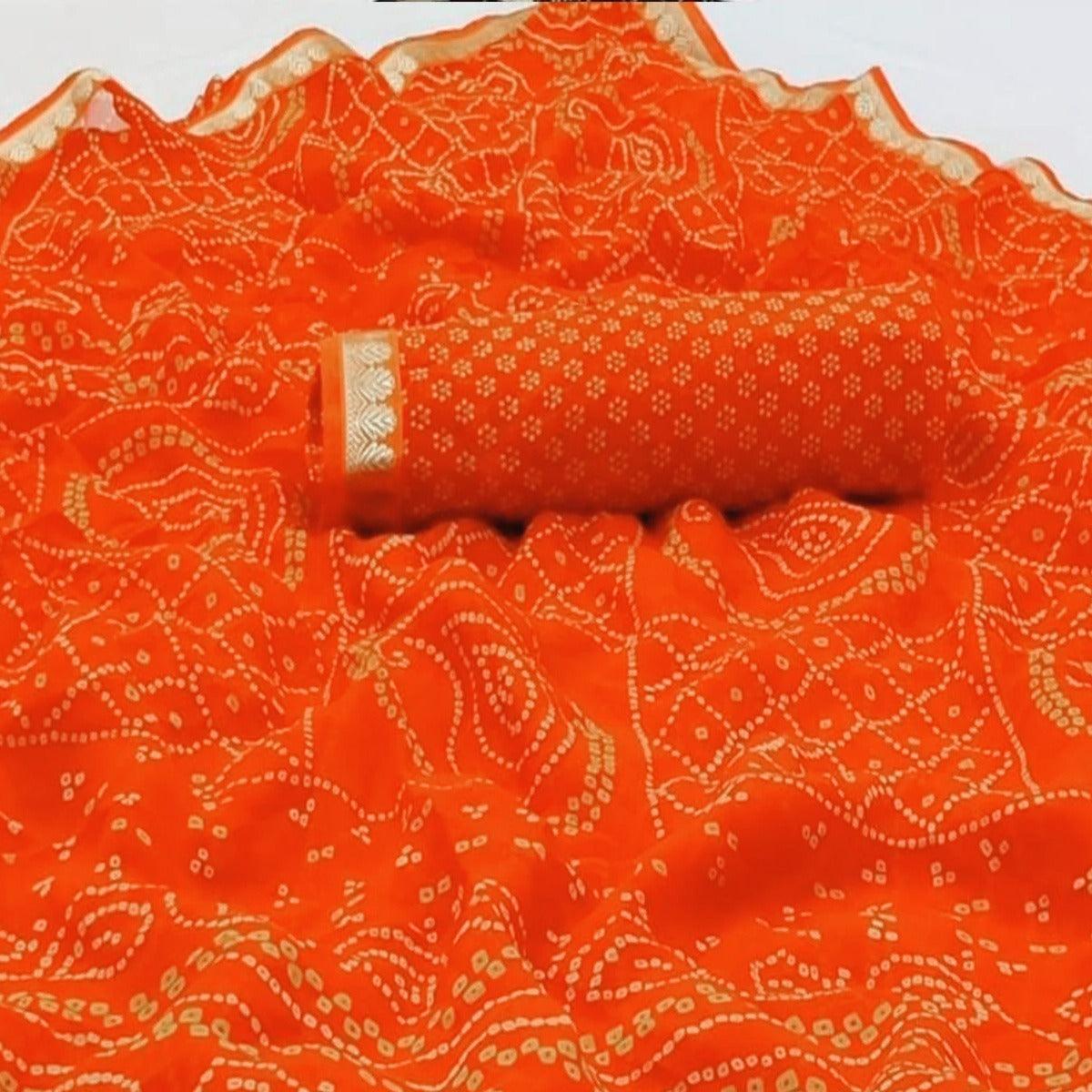 Orange Casual Wear Bandhani Printed Georgette Saree With Fancy Lace - Peachmode