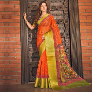 Orange Casual Wear Bandhej Printed Kalamkari Silk Saree - Peachmode