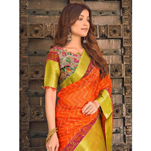 Orange Casual Wear Bandhej Printed Kalamkari Silk Saree - Peachmode