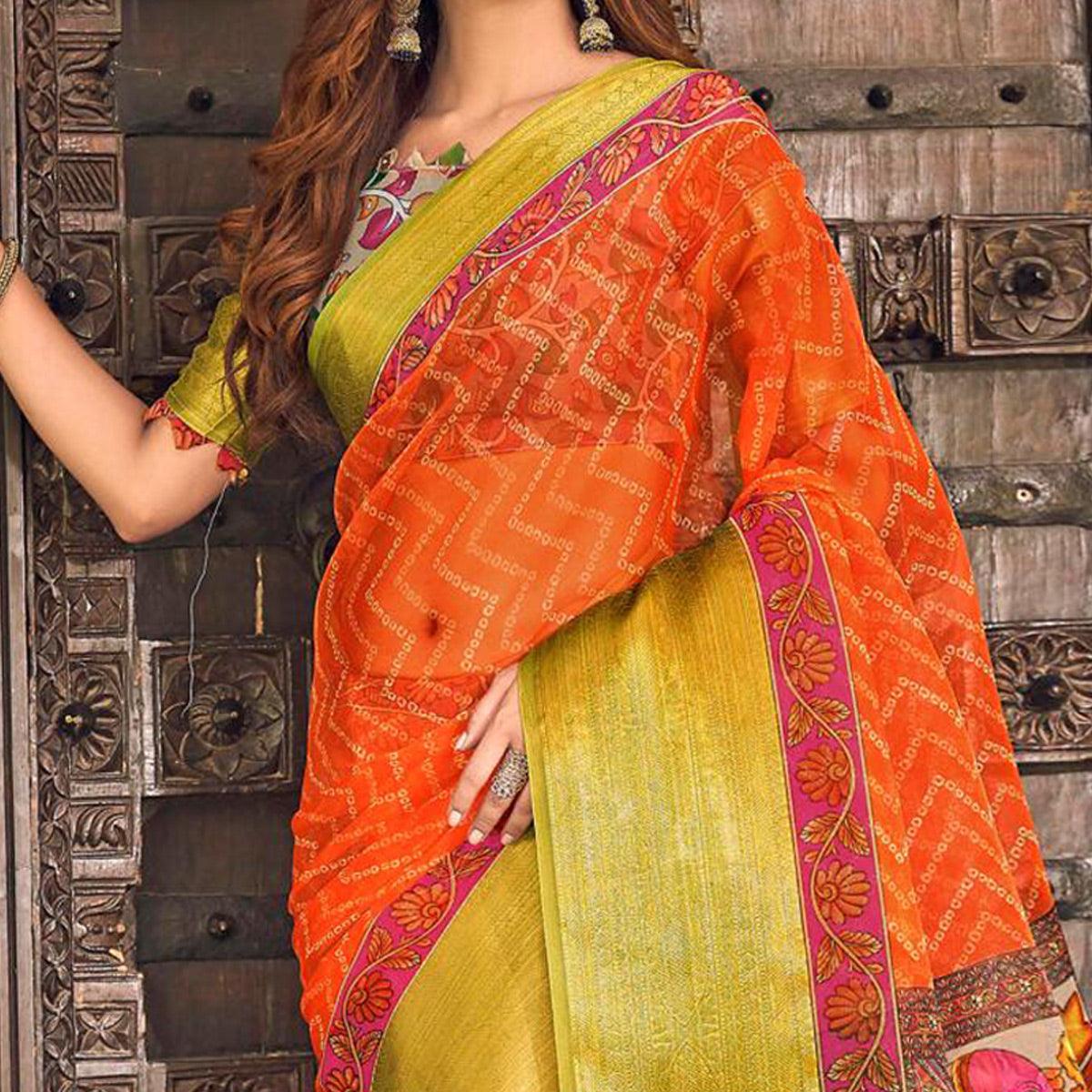 Orange Casual Wear Bandhej Printed Kalamkari Silk Saree - Peachmode
