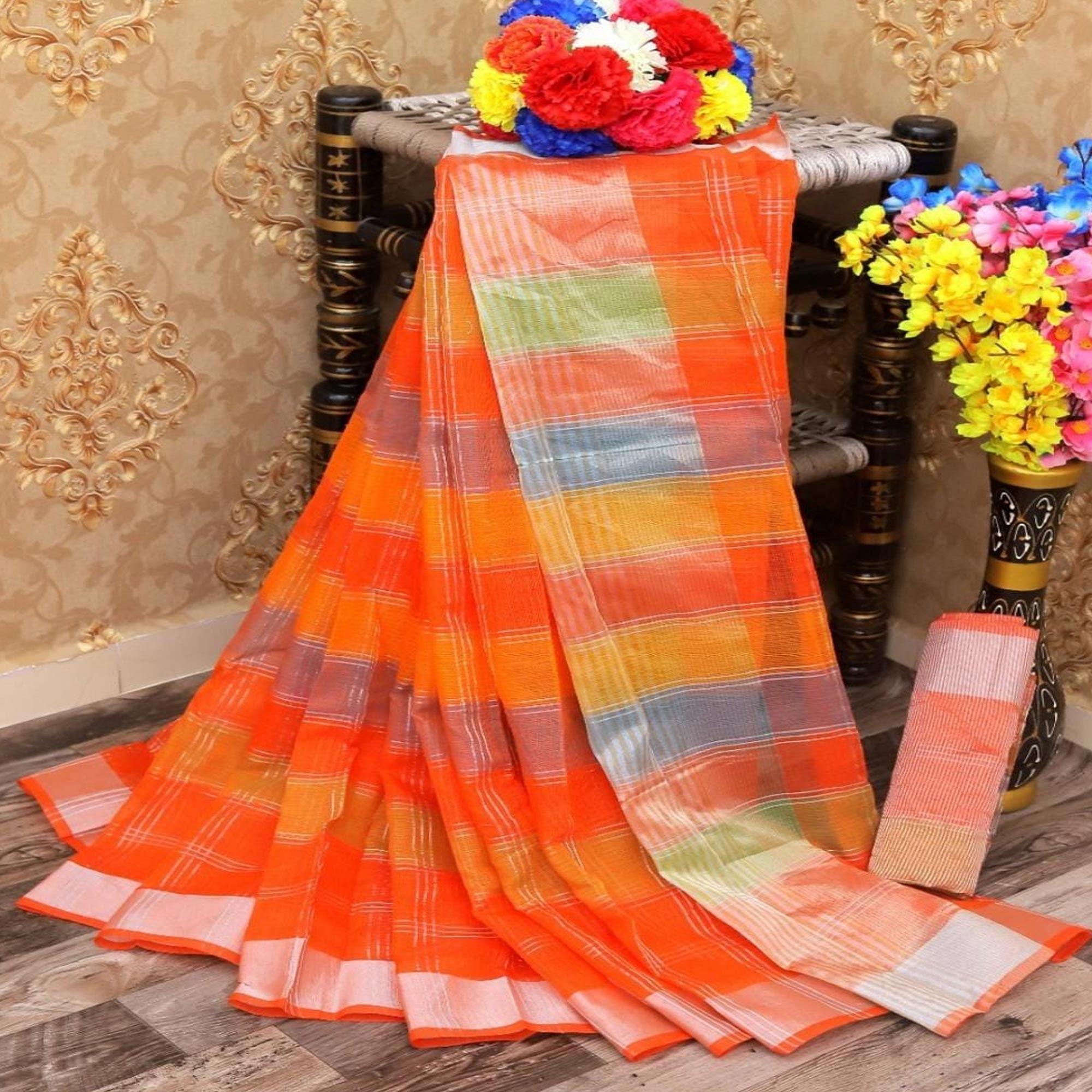 Orange Casual Wear Checks Printed Silk Saree With Border - Peachmode