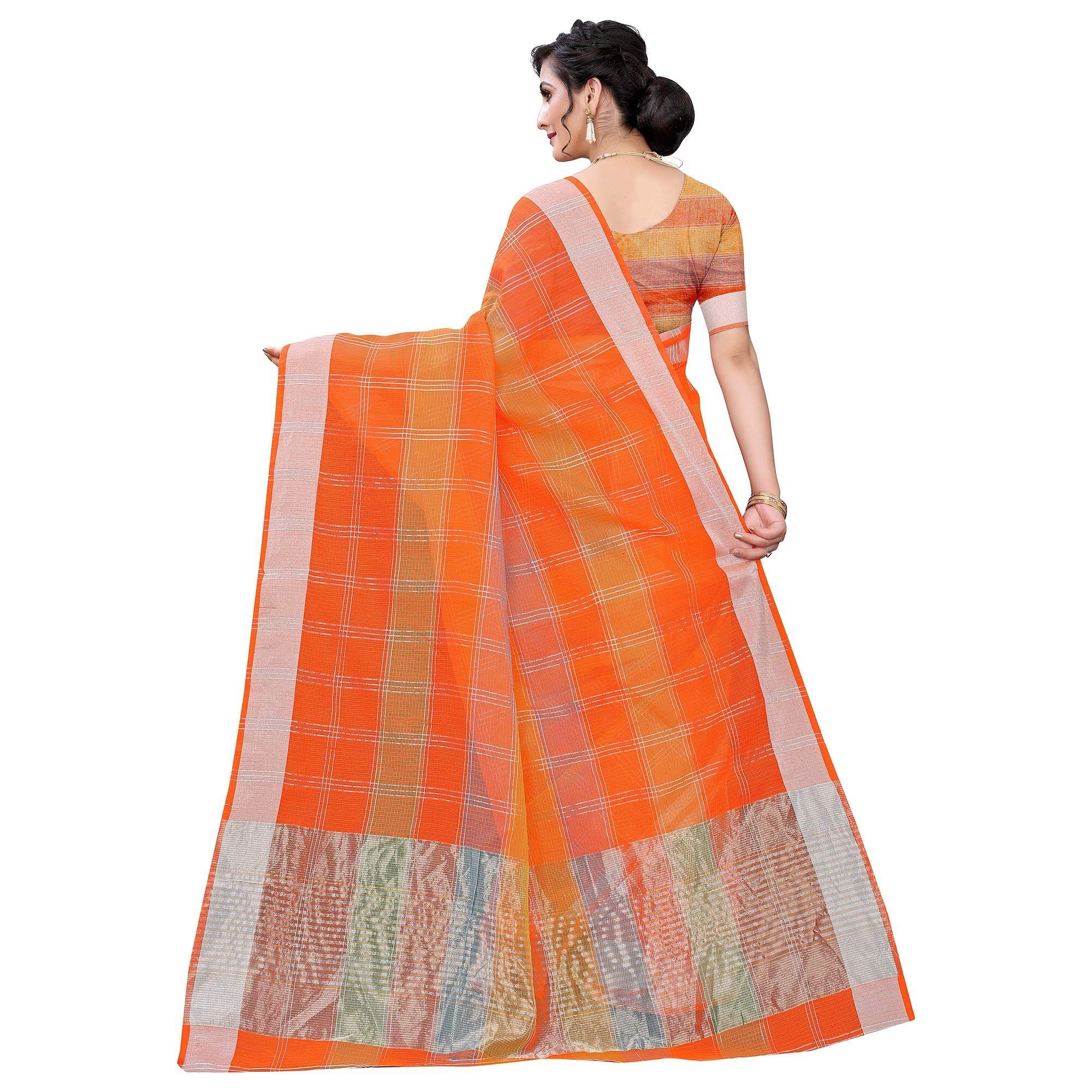 Orange Casual Wear Checks Printed Silk Saree With Border - Peachmode