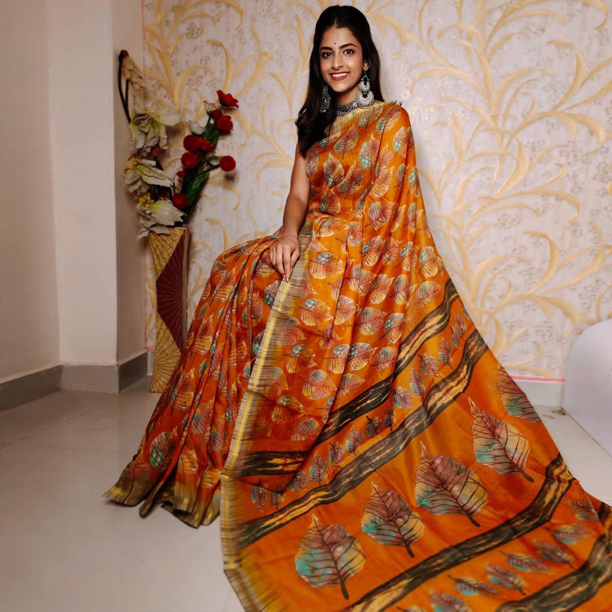 Orange Casual Wear Digital Printed Chanderi Silk Saree - Peachmode