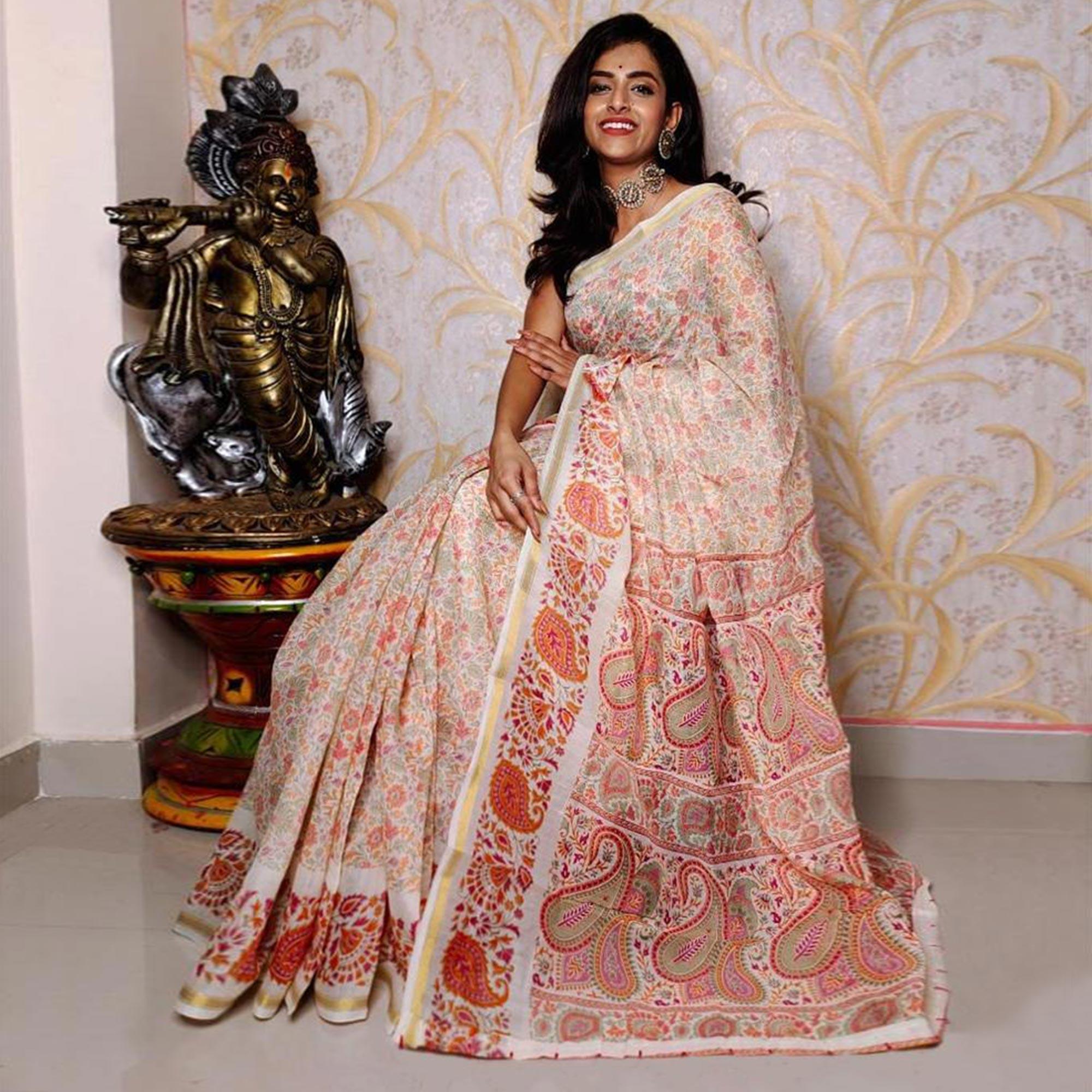 Orange Casual Wear Digital Printed Chanderi Silk Saree - Peachmode