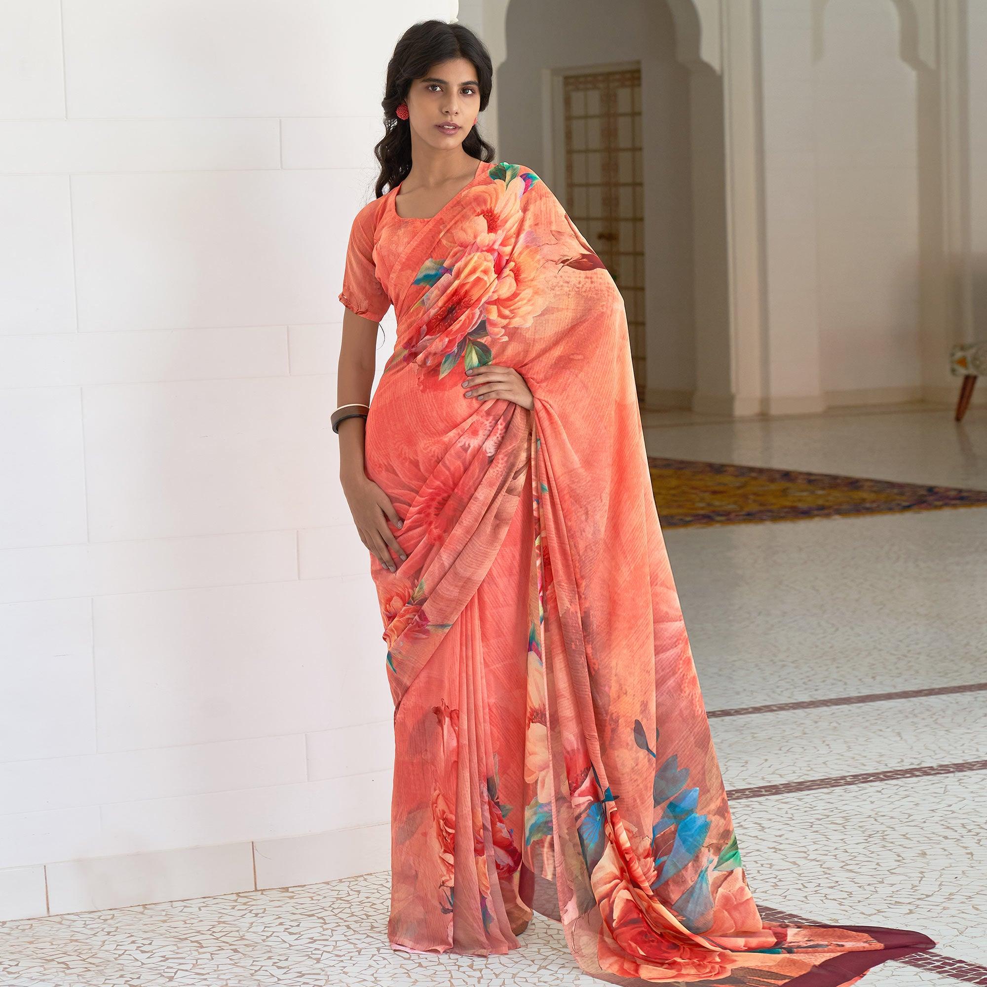 Orange Casual Wear Digital Printed Satin Georgette Saree - Peachmode