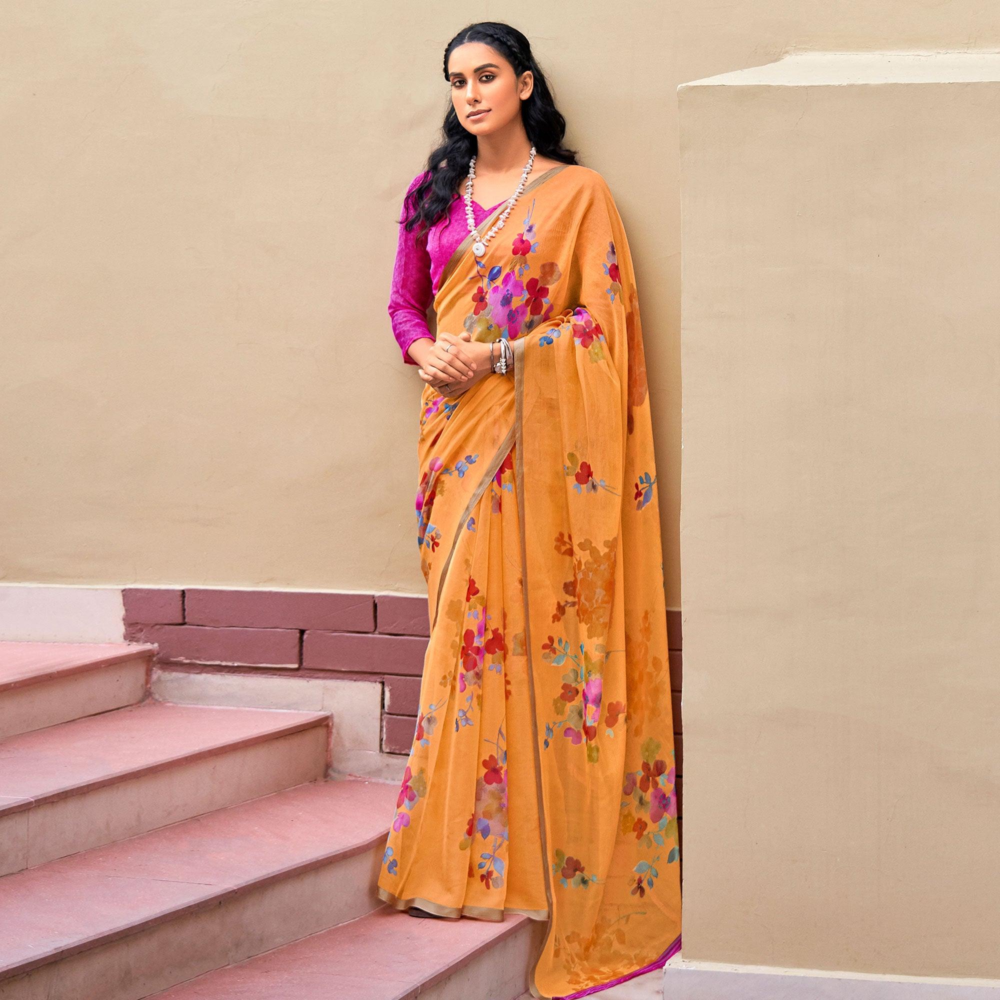 Orange Casual Wear Digital Printed Soft Organza Saree - Peachmode