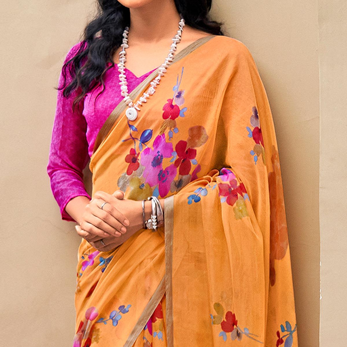 Orange Casual Wear Digital Printed Soft Organza Saree - Peachmode