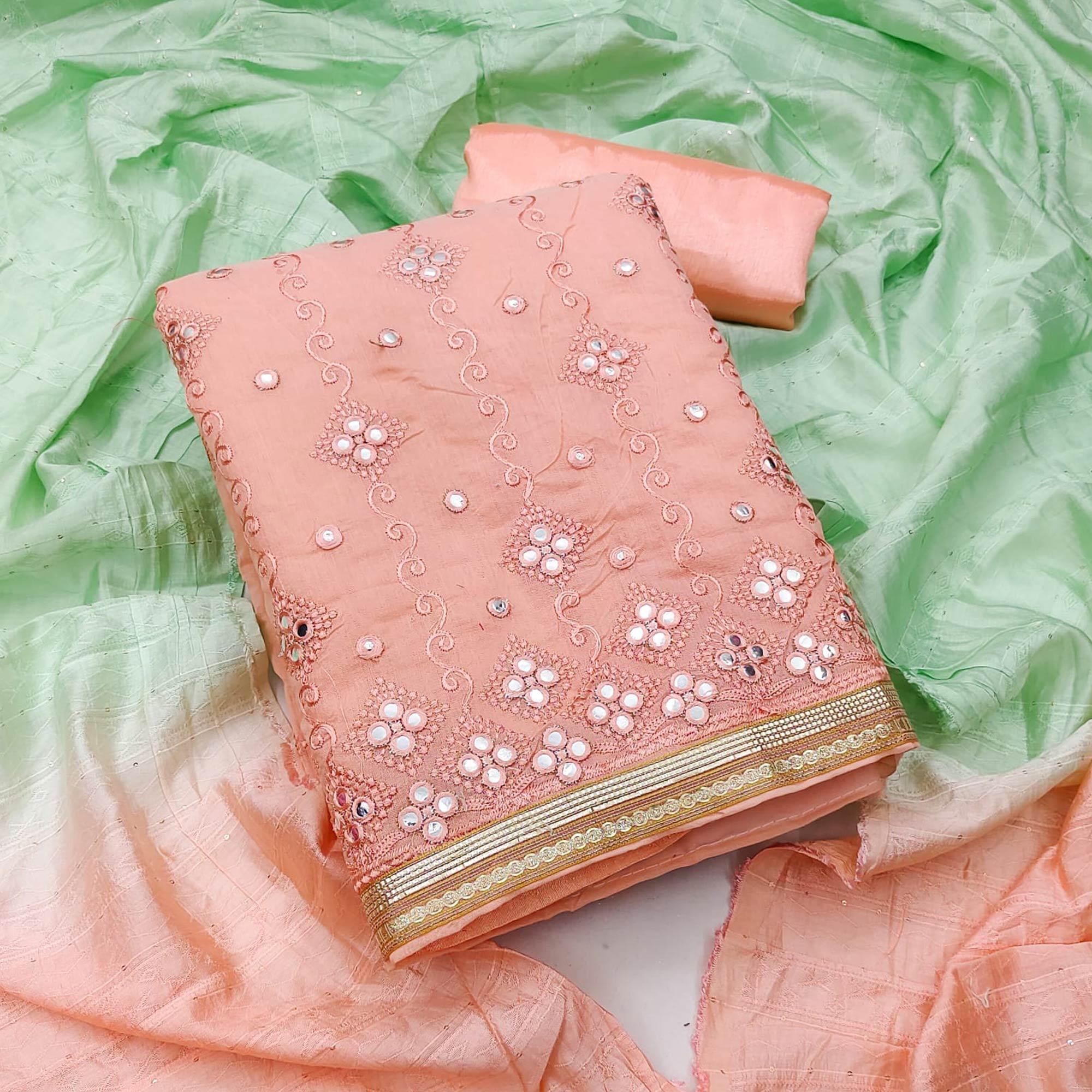 Orange Casual Wear Embroidered Chanderi Dress Material - Peachmode