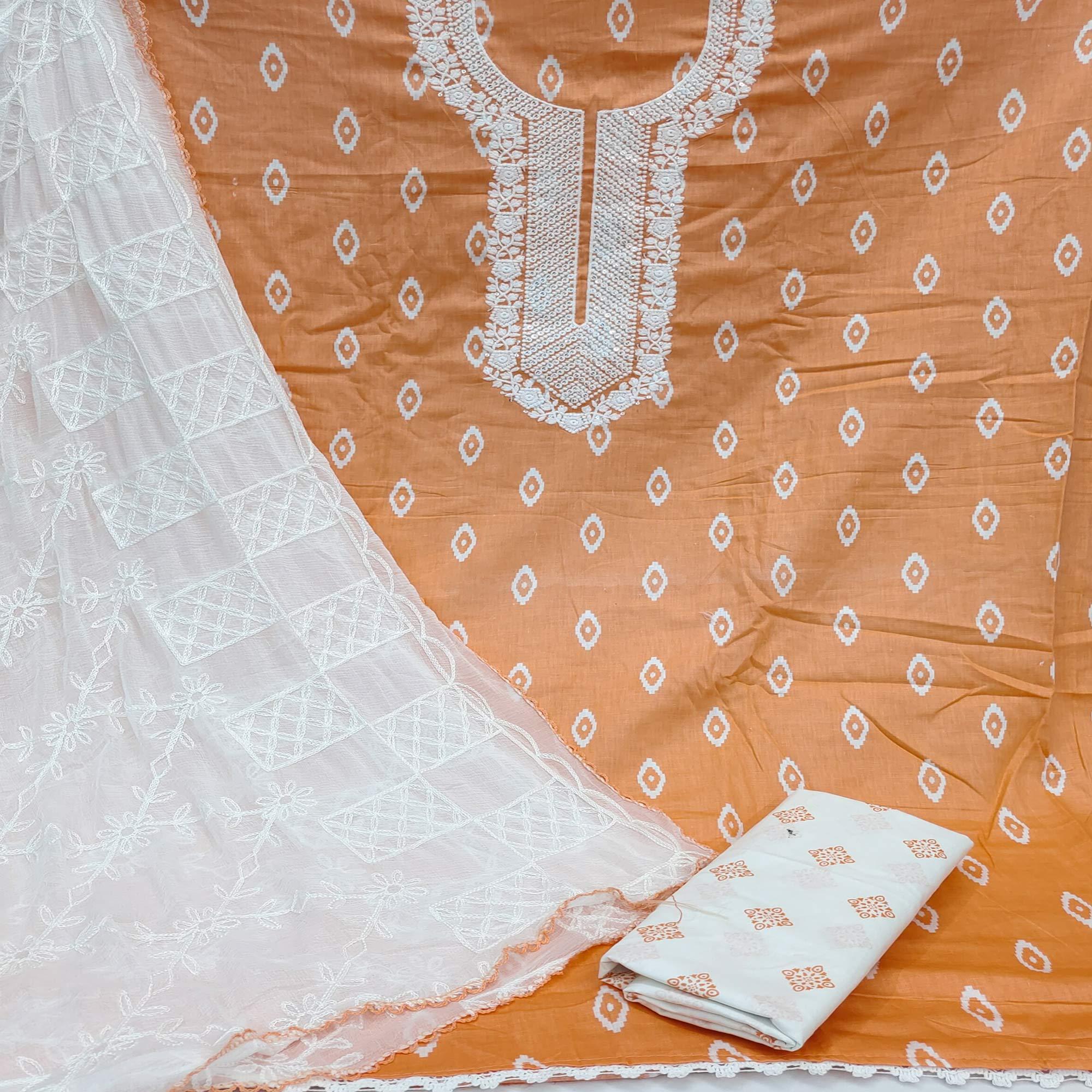 Orange Casual Wear Embroidered Cotton Dress Material - Peachmode