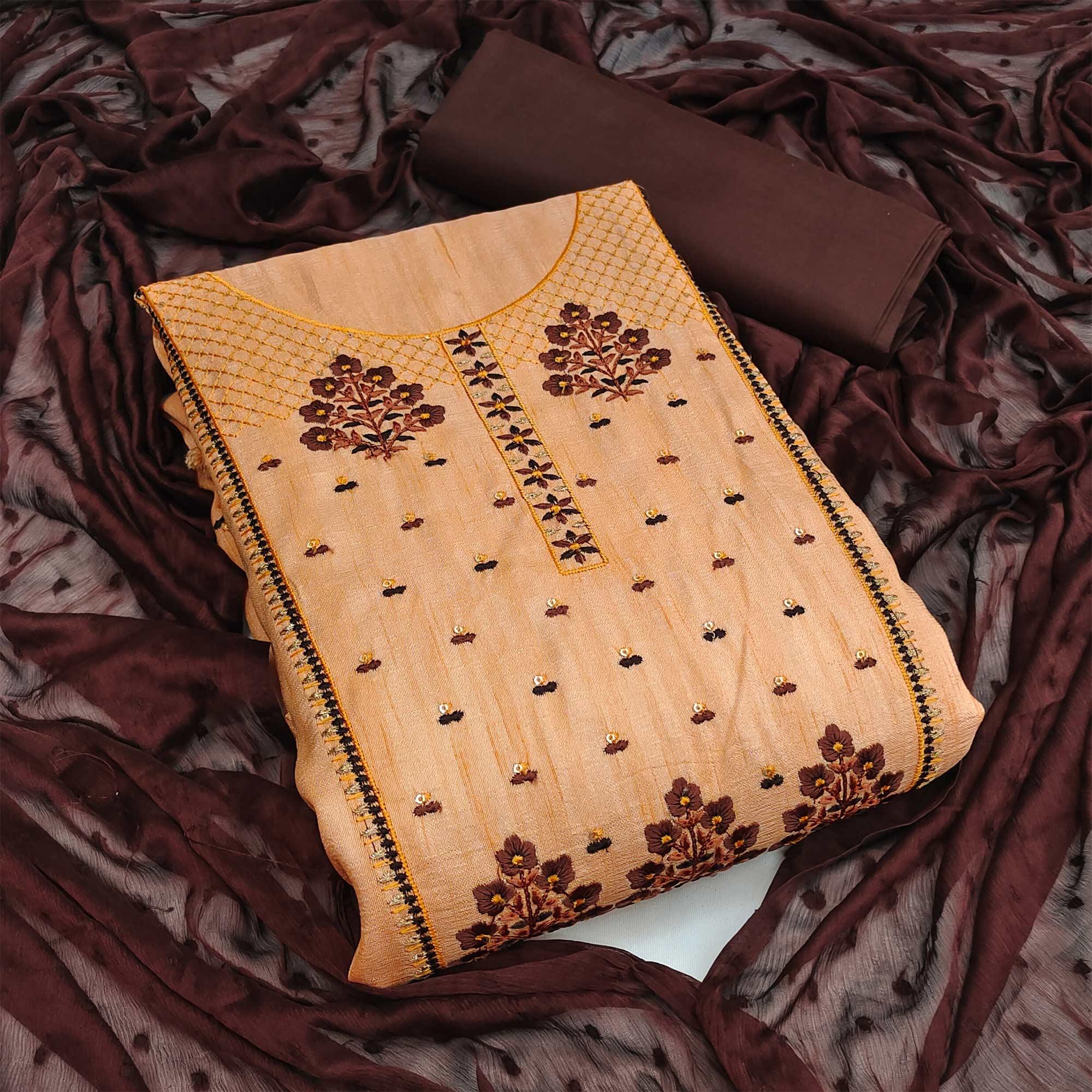 Orange Casual Wear Embroidered Cotton Silk Dress Material - Peachmode