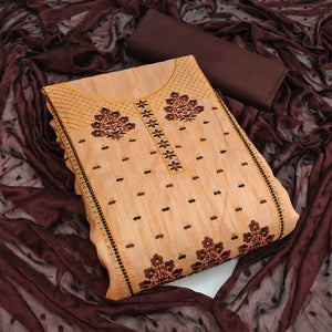 Orange Casual Wear Embroidered Cotton Silk Dress Material - Peachmode