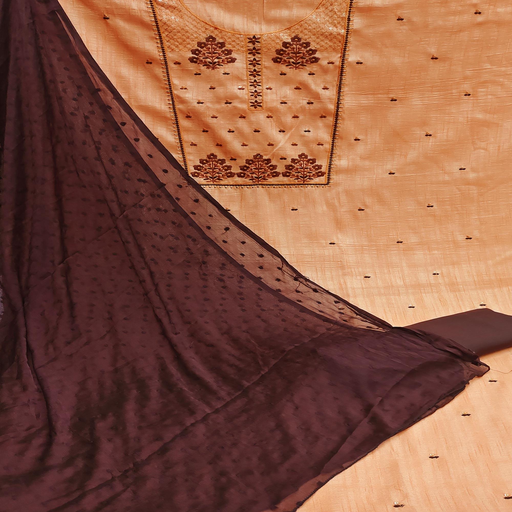 Orange Casual Wear Embroidered Cotton Silk Dress Material - Peachmode