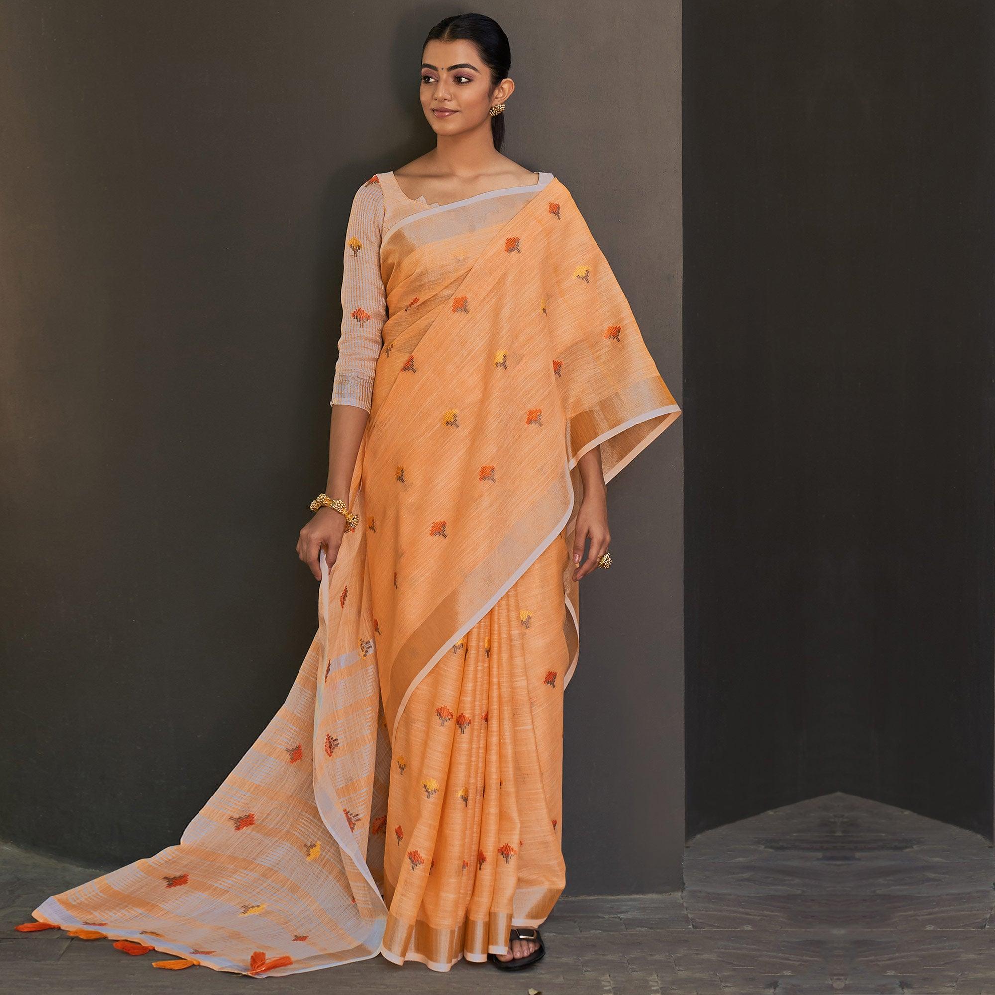 Orange Casual Wear Embroidered Linen Saree - Peachmode